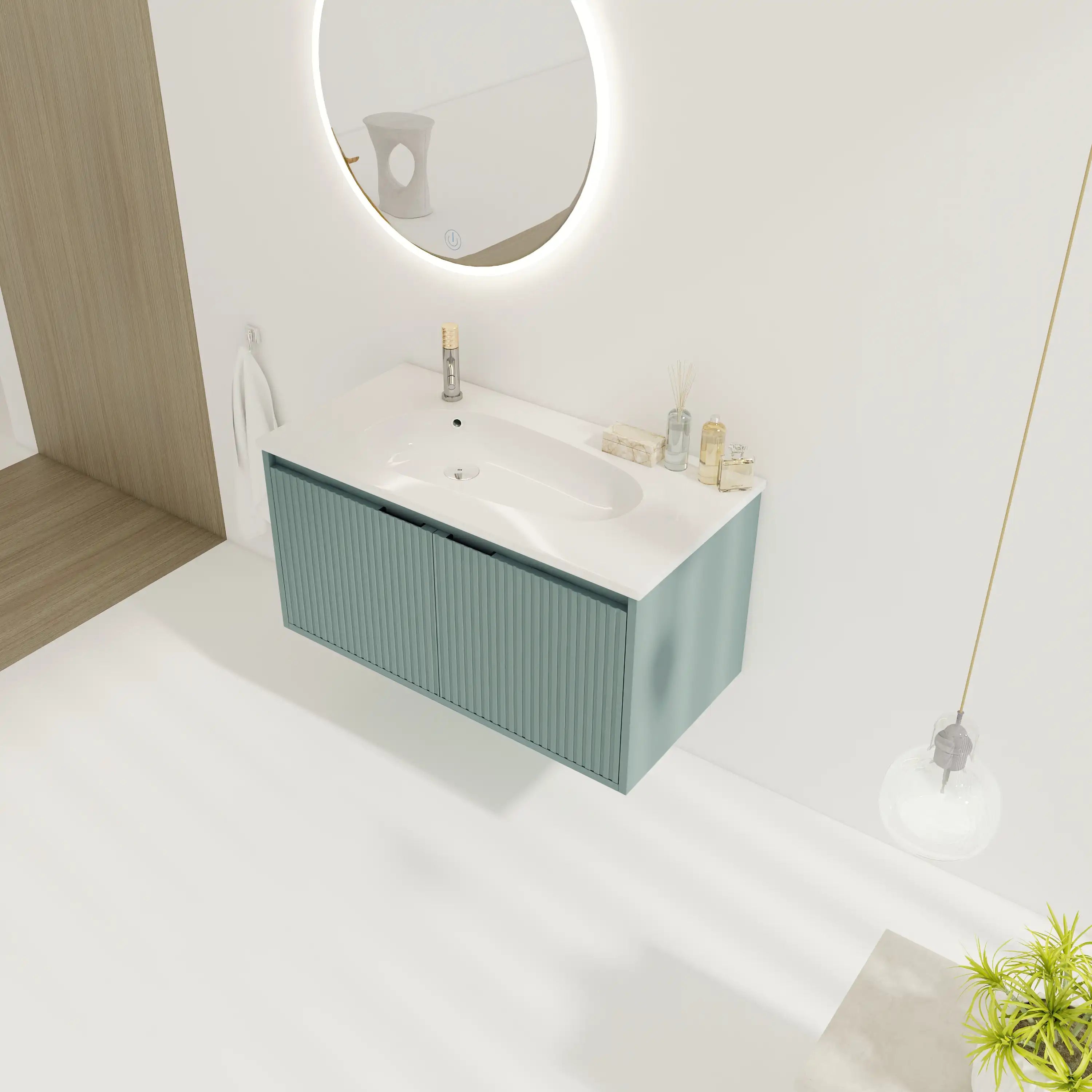 Elevated view of 36" sage green floating bathroom vanity in a minimalist white bathroom.