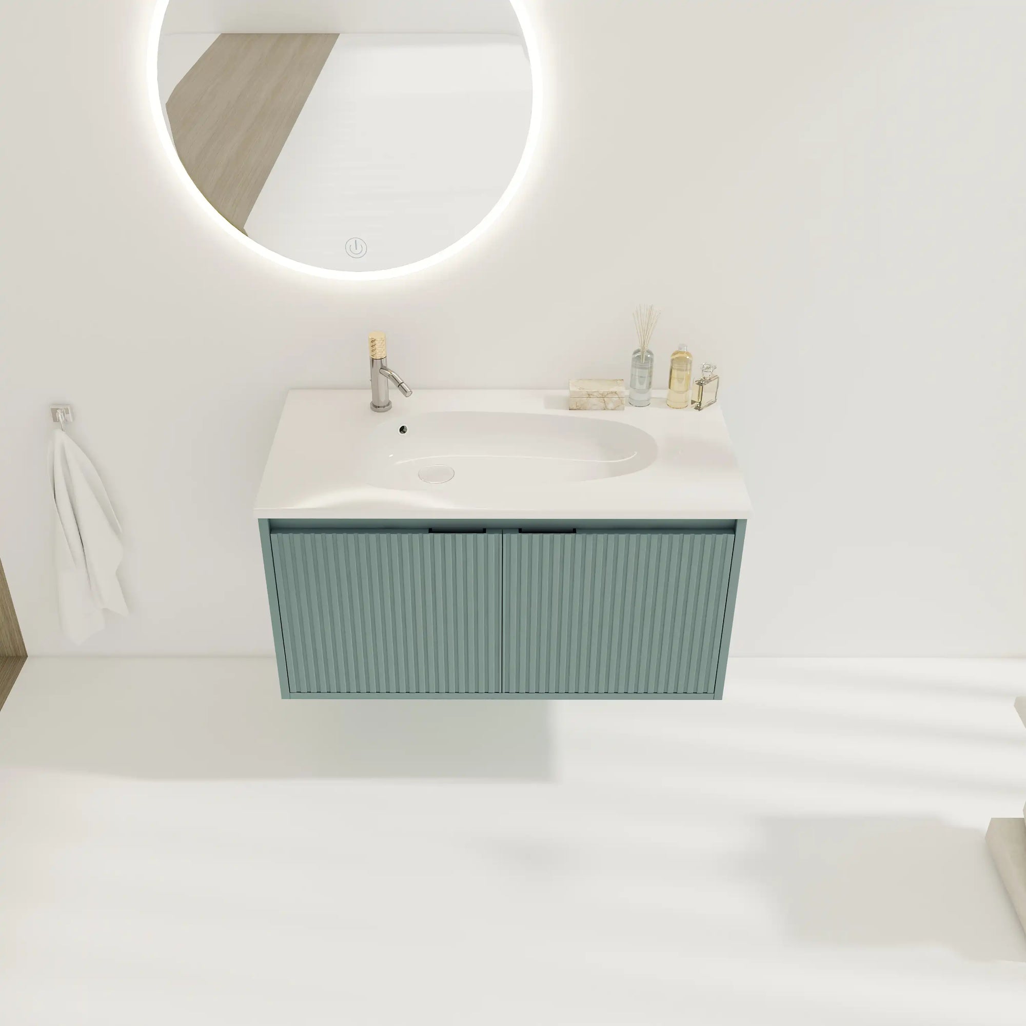 36" vanity bathroom 36 inch overhead front view in styled bathroom | Ace Decor