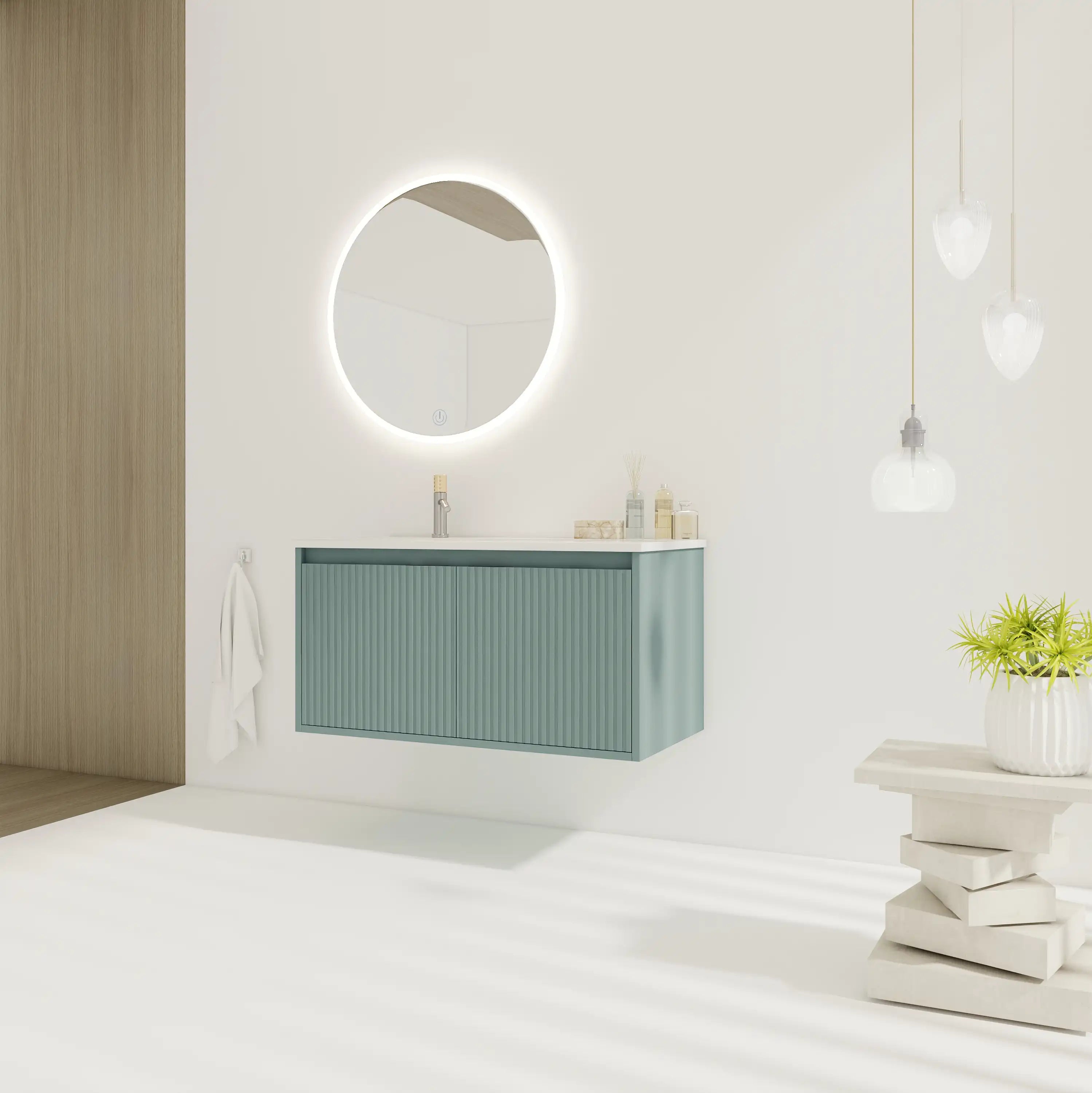 Sage Flute 36" green floating bathroom vanity in a bright modern bathroom with LED round mirror.