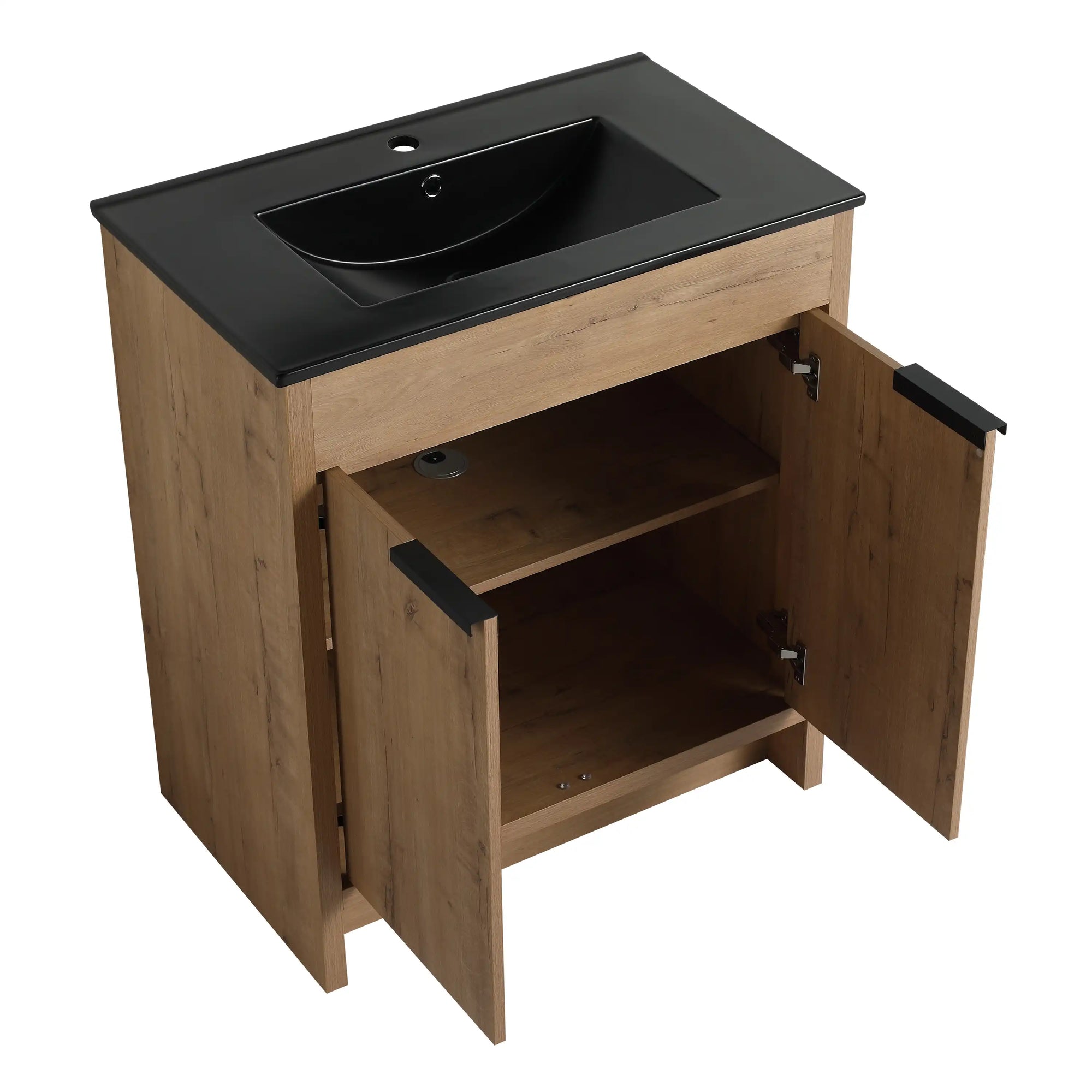 Open cabinet storage view of 30" bathroom vanity with sink and adjustable shelf | Ace Decor