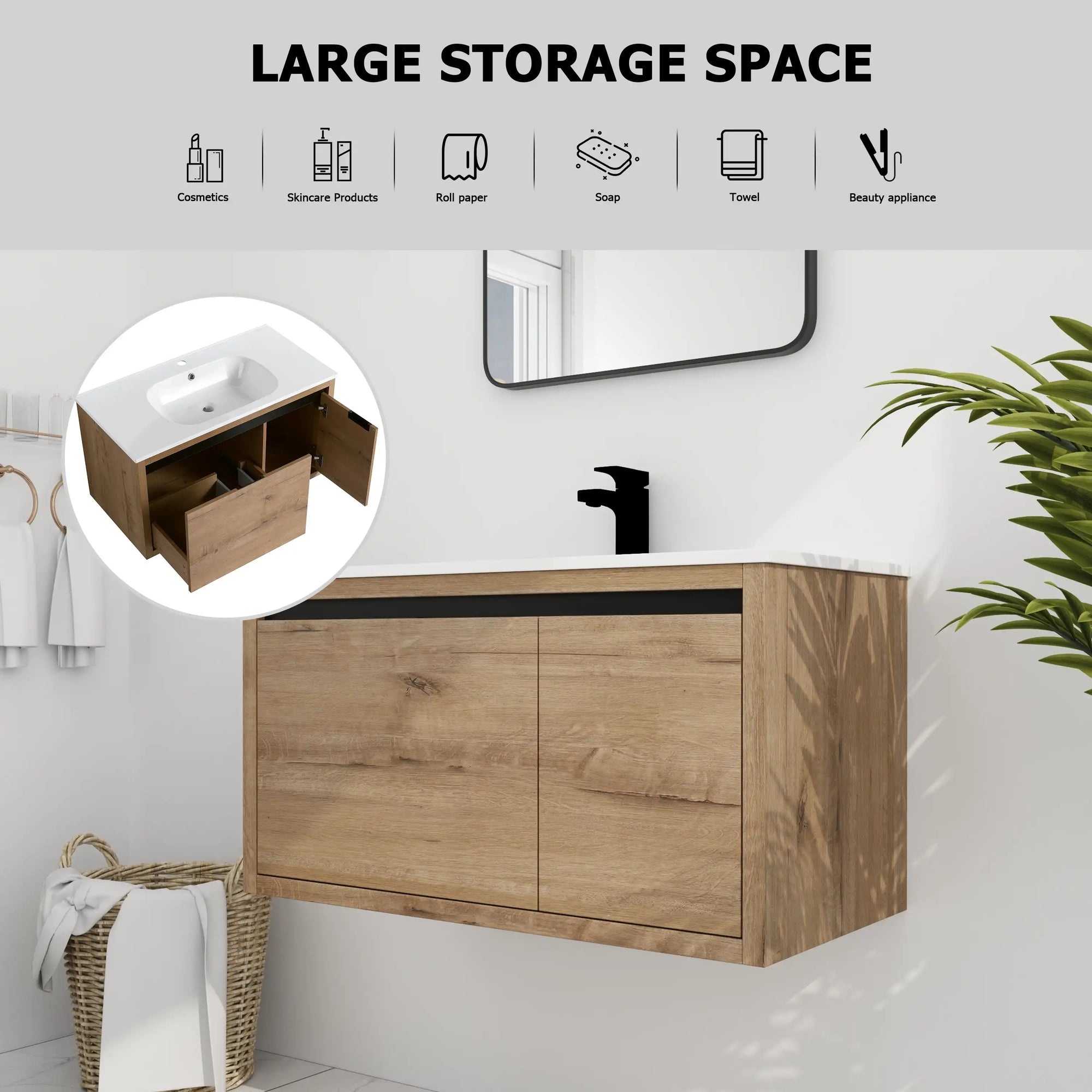 36" floating sink vanity for bathroom with large storage cabinet and integrated resin sink | Ace Decor