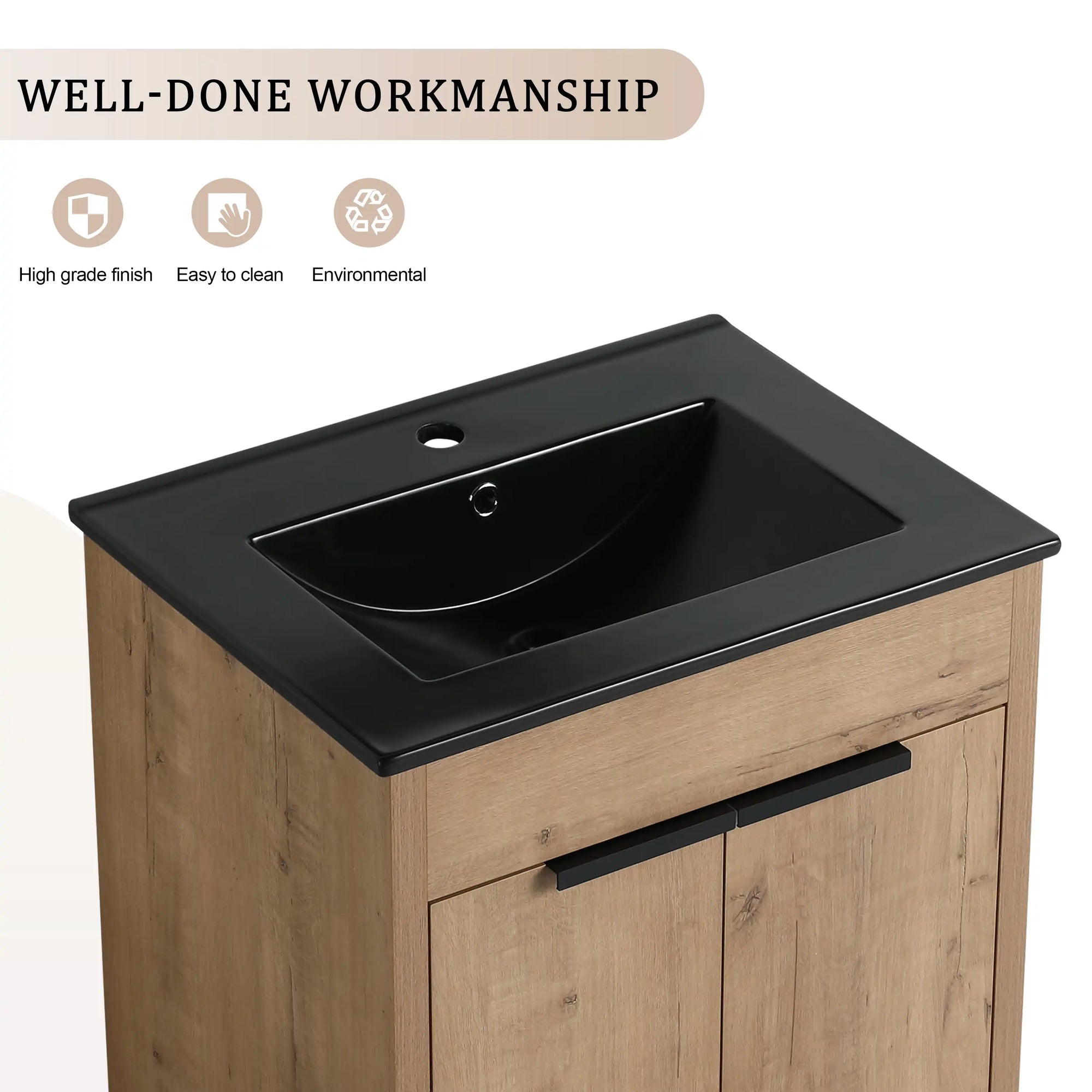 Close-up of black integrated sink craftsmanship on 24" black bathroom sink vanity | Ace Decor