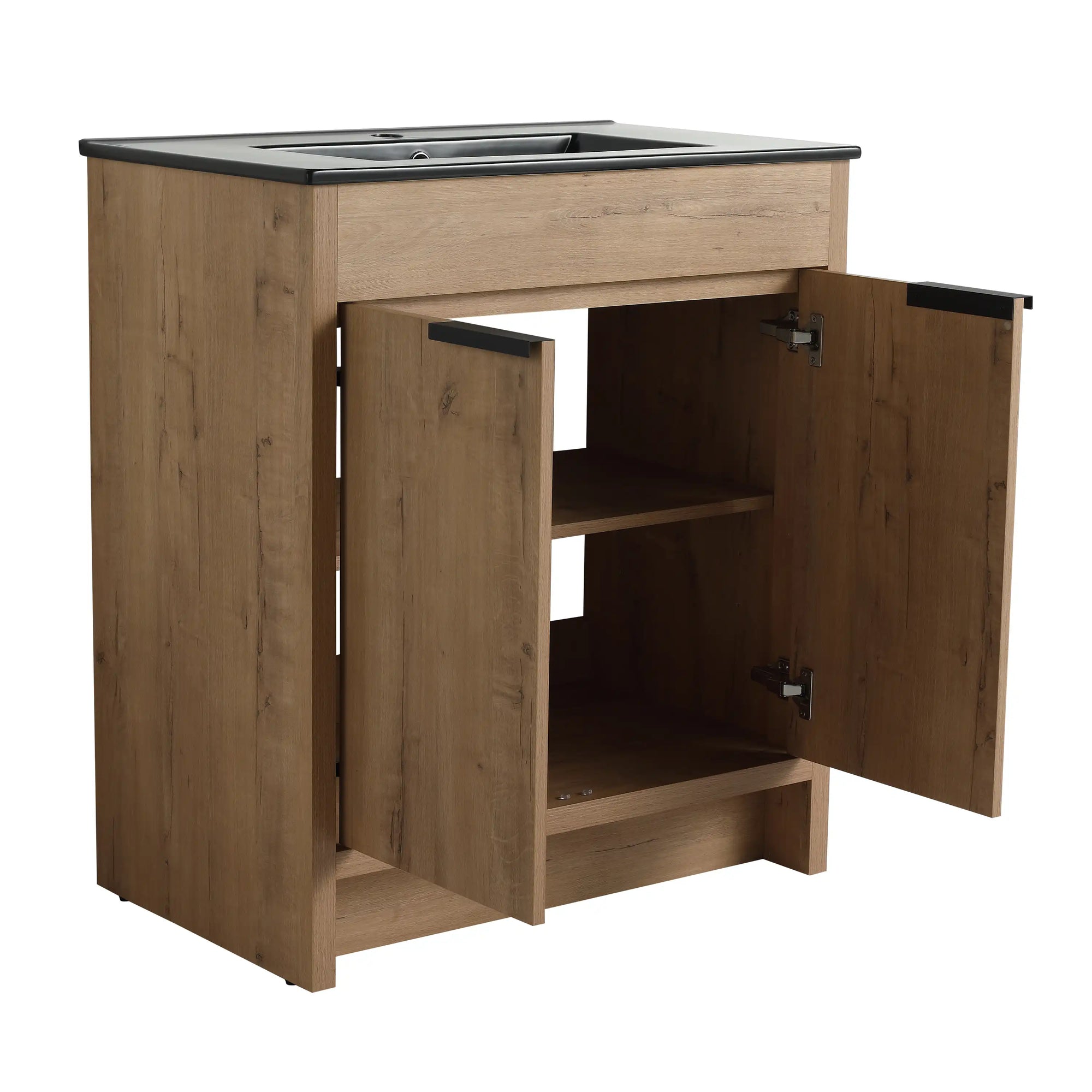 30" freestanding 30 inch bathroom vanity with sink featuring black integrated sink and open doors | Ace Decor