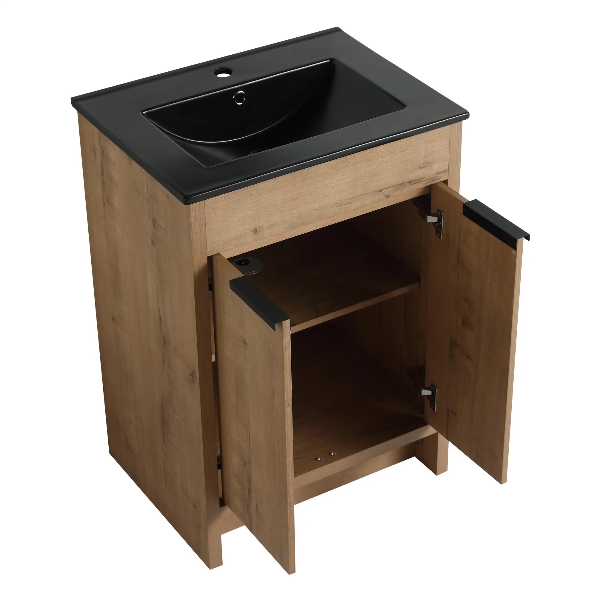 Black integrated sink and oak cabinet detail on 24" black bathroom sink vanity | Ace Decor