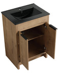 Black integrated sink and oak cabinet detail on 24" black bathroom sink vanity | Ace Decor