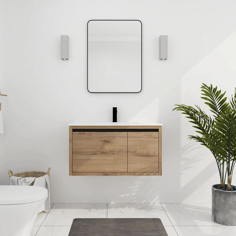 36 Imitative Oak Inch Wall-Mounted Bathroom Vanity with Gel Sink – Modern & Space-Saving Design