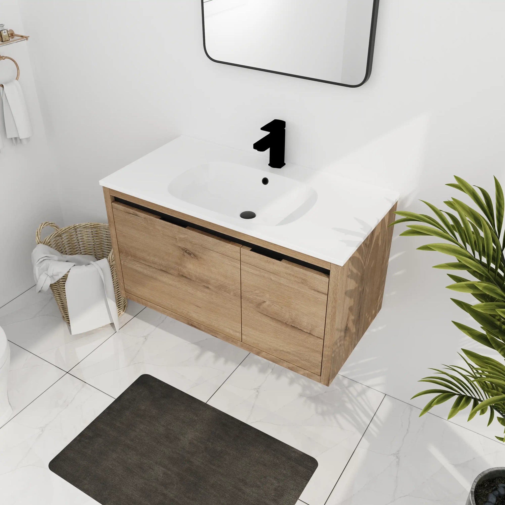 36" floating sink vanity for bathroom in imitative oak finish with modern wall-mounted design | Ace Decor