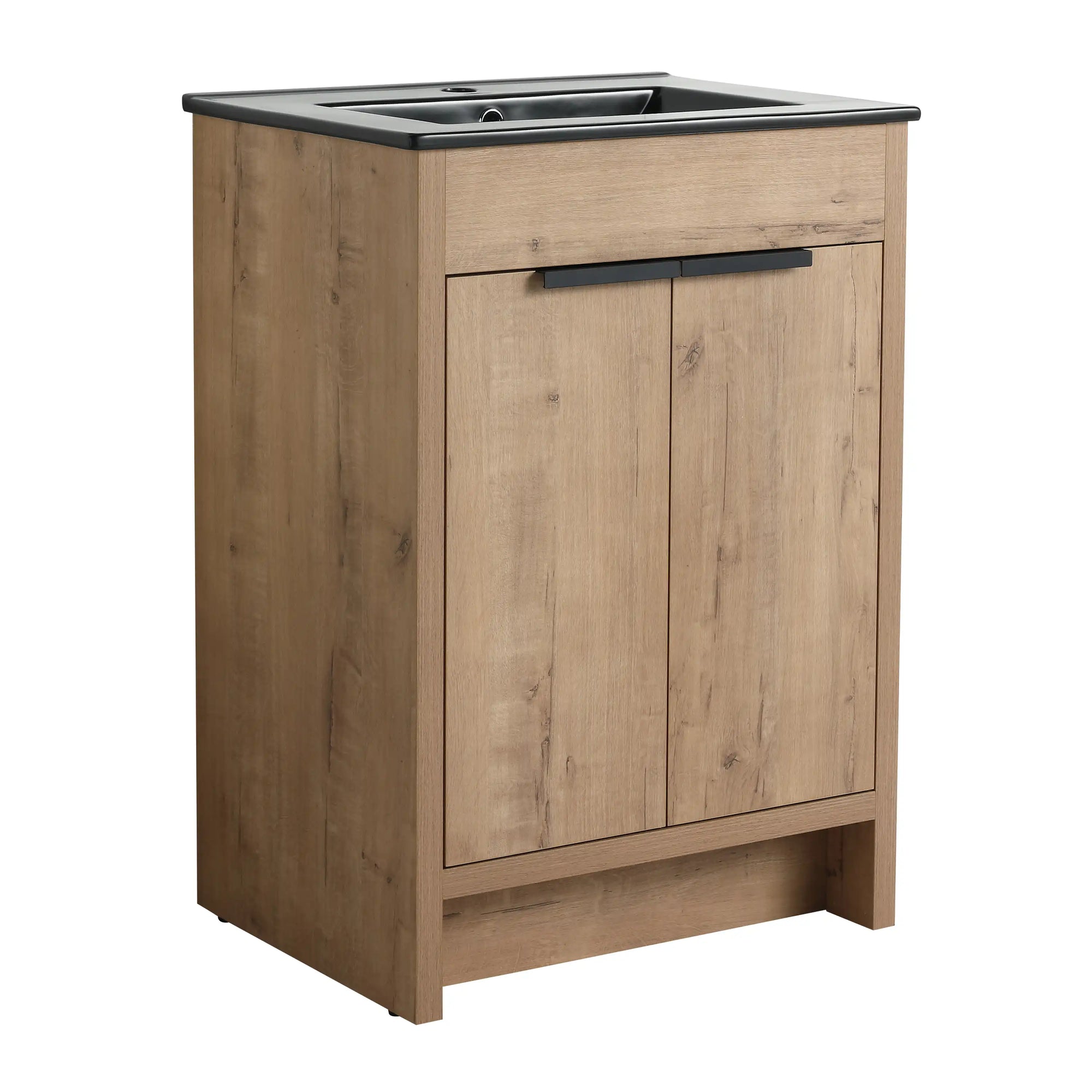 Front view of 24" black bathroom sink vanity with imitative oak finish and double doors | Ace Decor