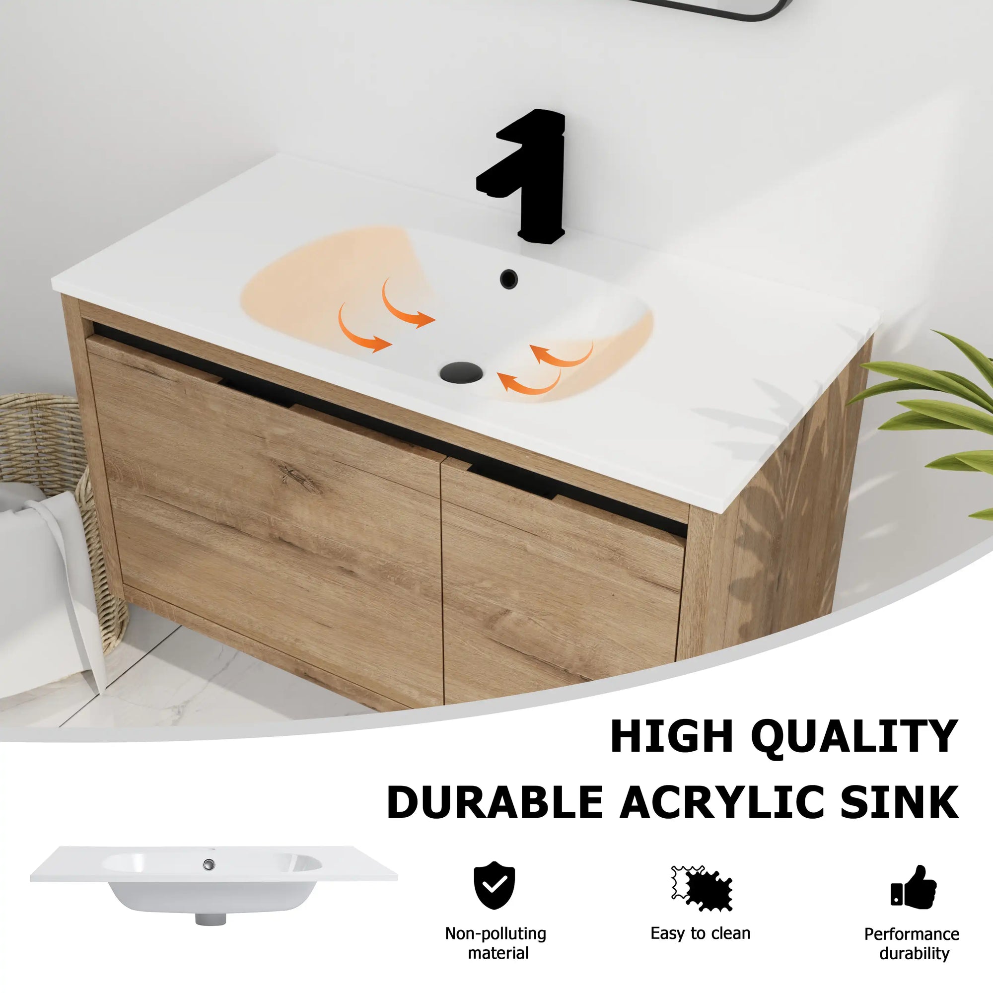 36" floating sink vanity for bathroom with integrated resin sink and wall-mounted design | Ace Decor