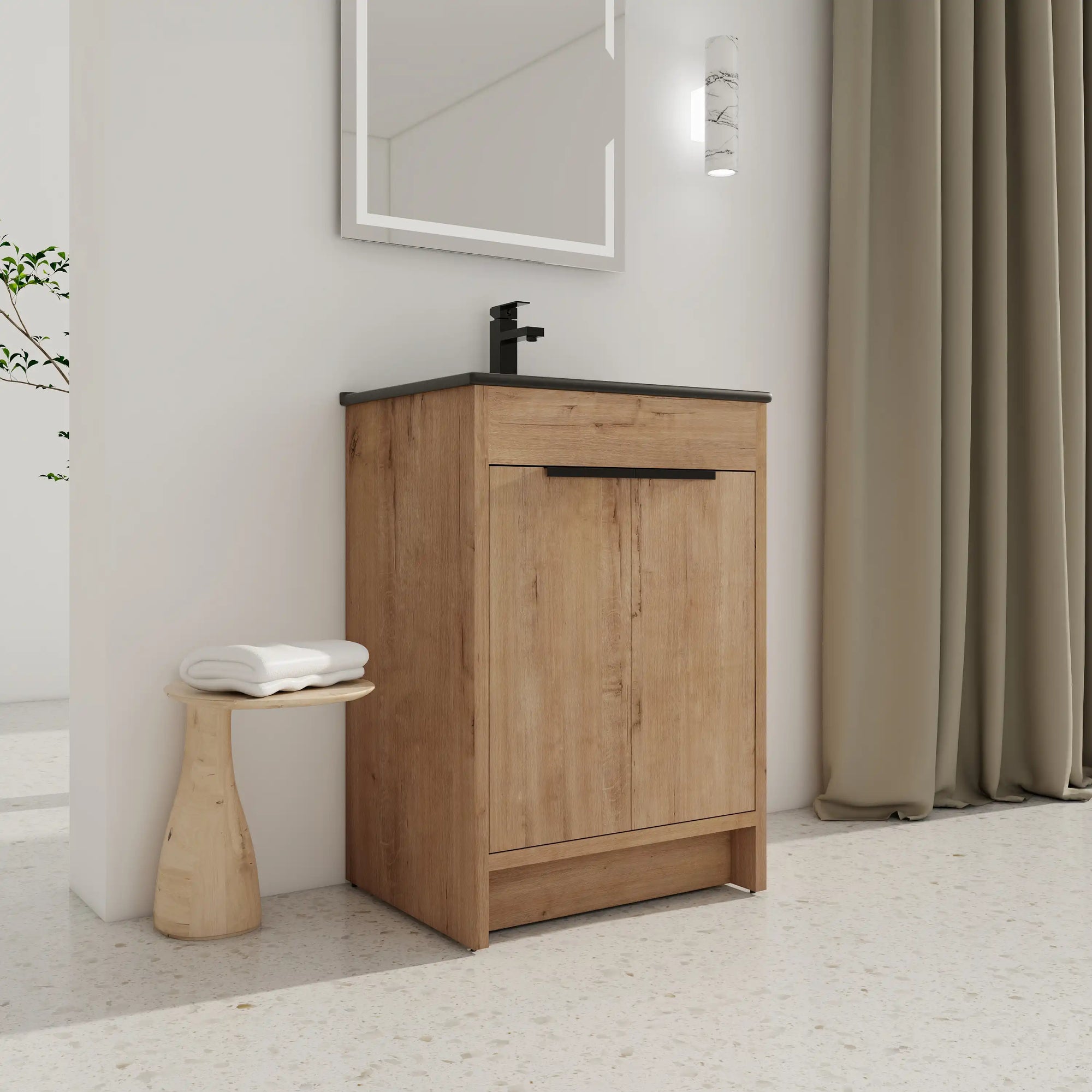 24" black bathroom sink vanity styled in modern bathroom setting | Ace Decor