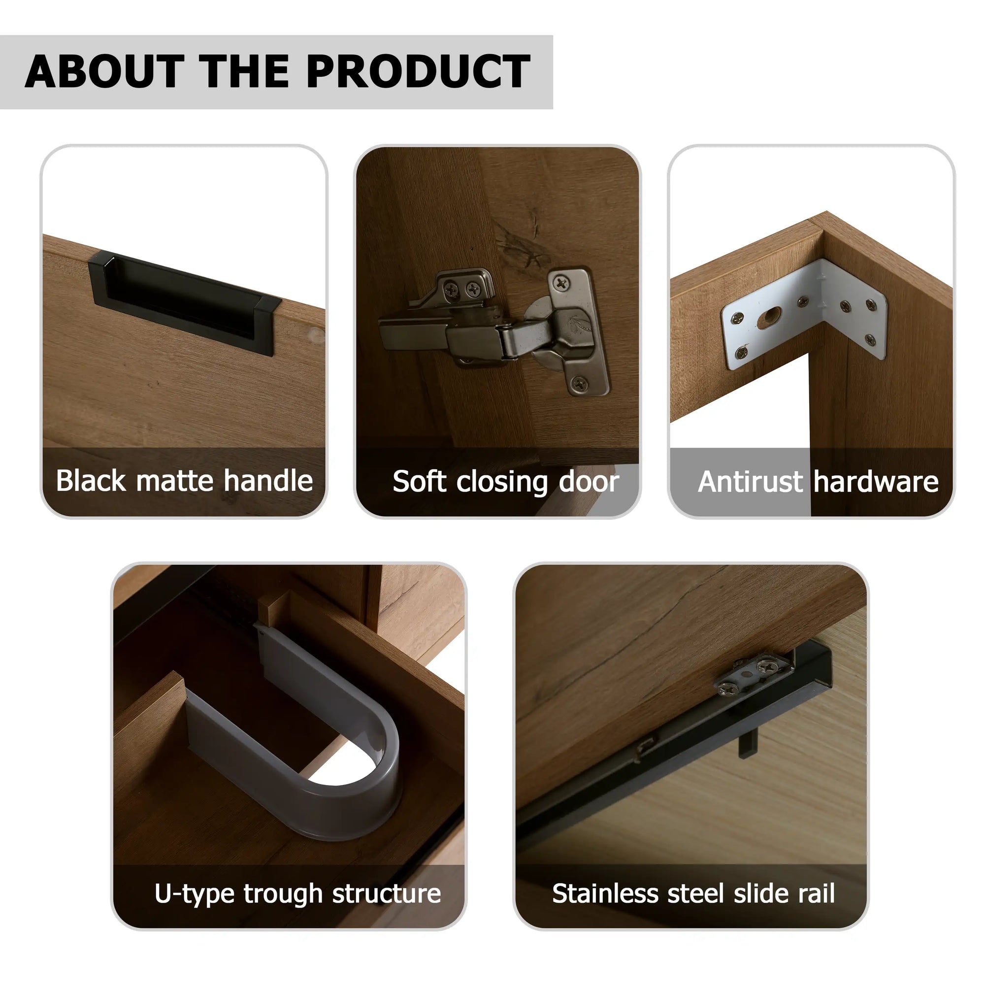 36" floating sink vanity for bathroom showing soft-close hardware and stainless steel slide rail details | Ace Decor