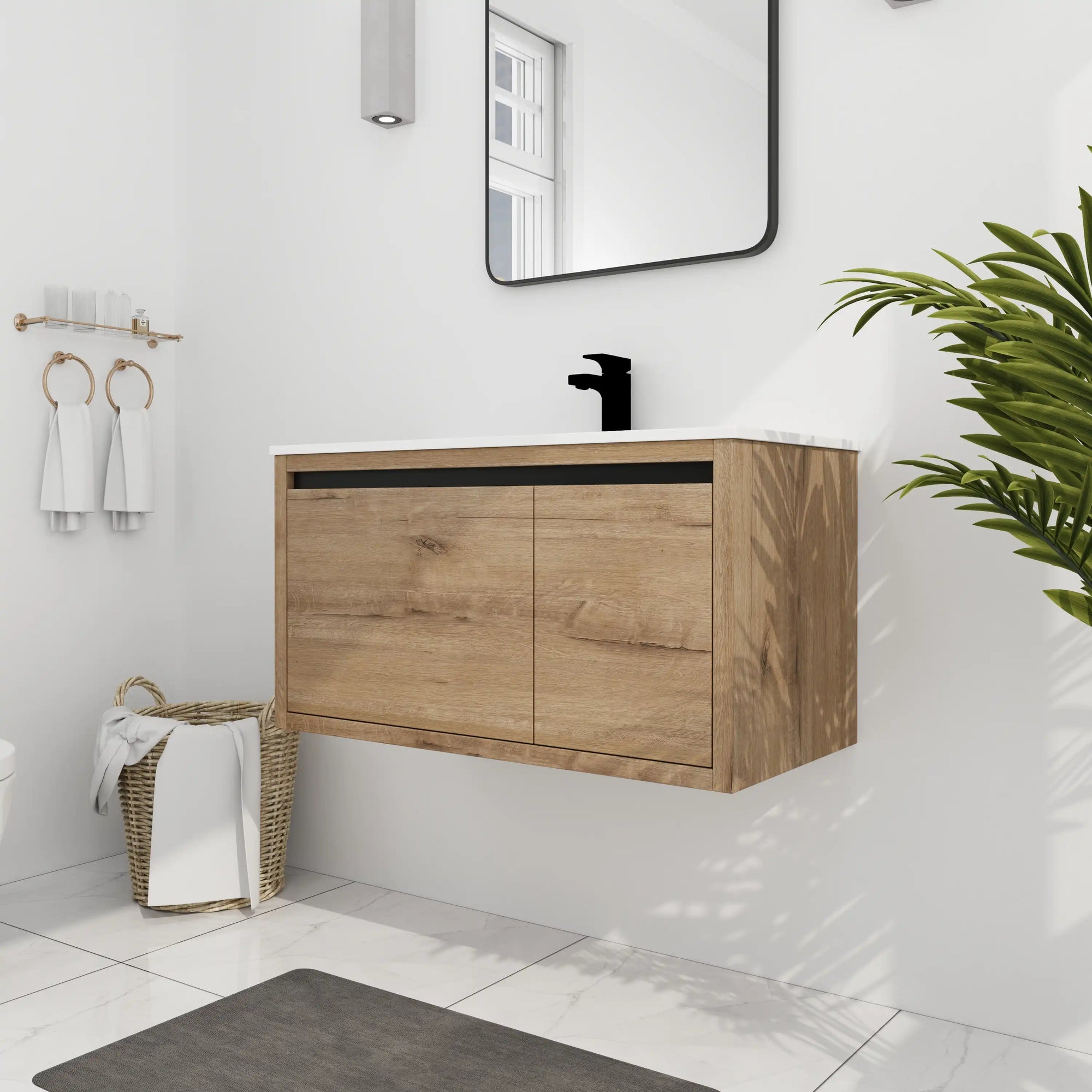36" floating sink vanity for bathroom in imitative oak with spacious cabinet storage | Ace Decor