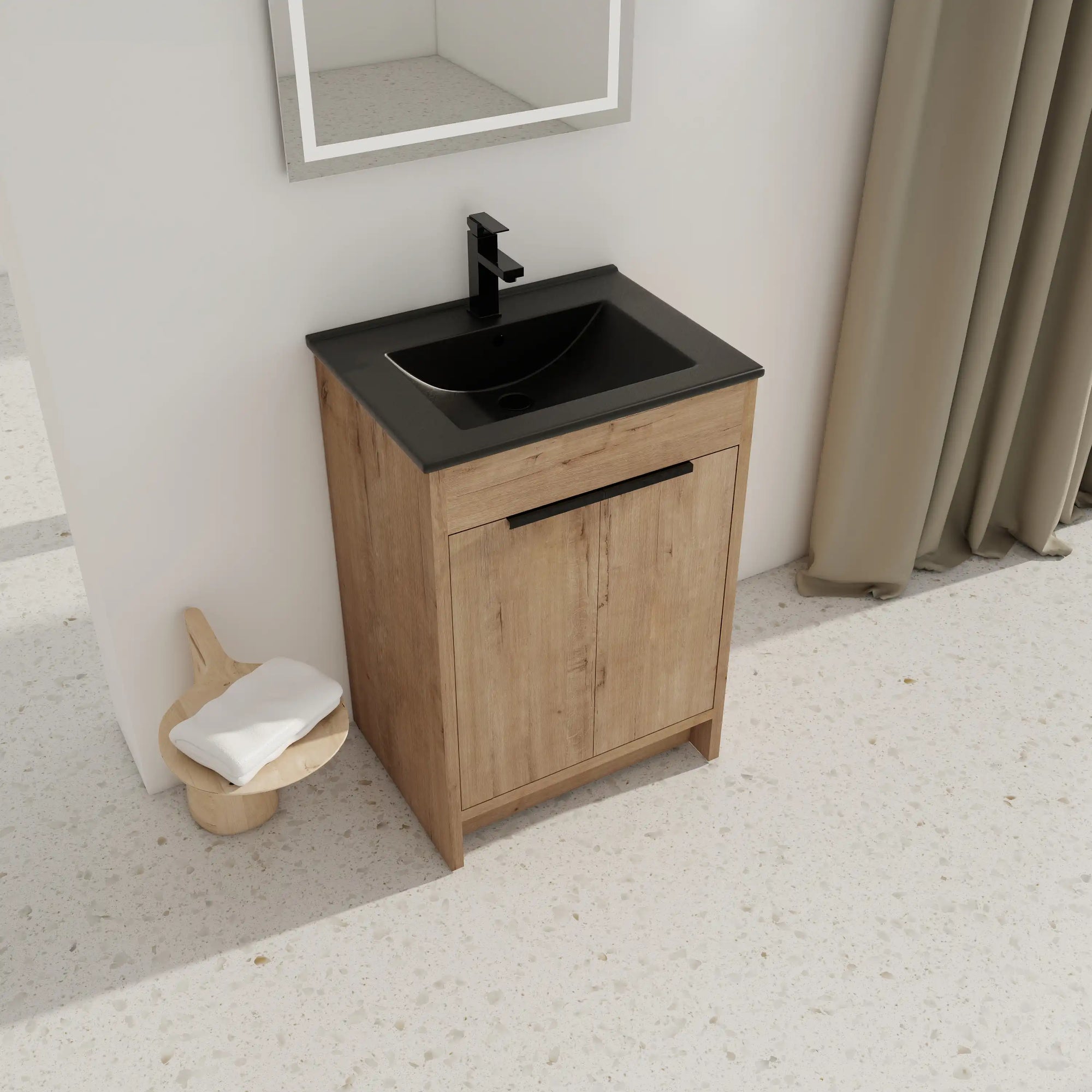 Installed scene of 24" black bathroom sink vanity in modern bathroom setting | Ace Decor