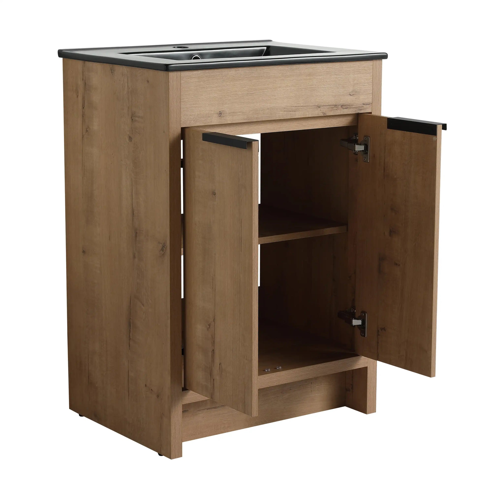 Open storage view of 24" black bathroom sink vanity with adjustable interior shelf and oak cabinet | Ace Decor