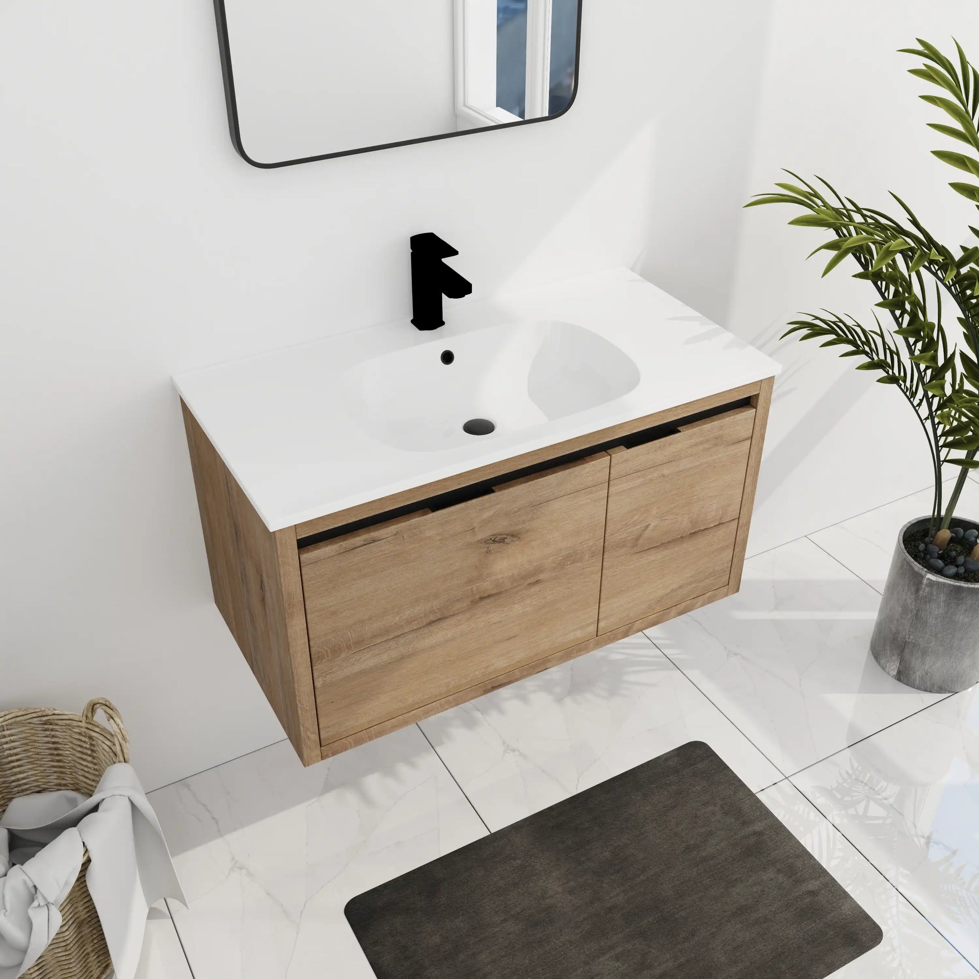 36" floating sink vanity for bathroom styled in modern bathroom with wall-mounted minimalist look | Ace Decor
