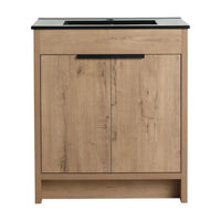 30 inch bathroom vanity with sink, freestanding imitative oak cabinet with black integrated sink front view, 30" | Ace Decor