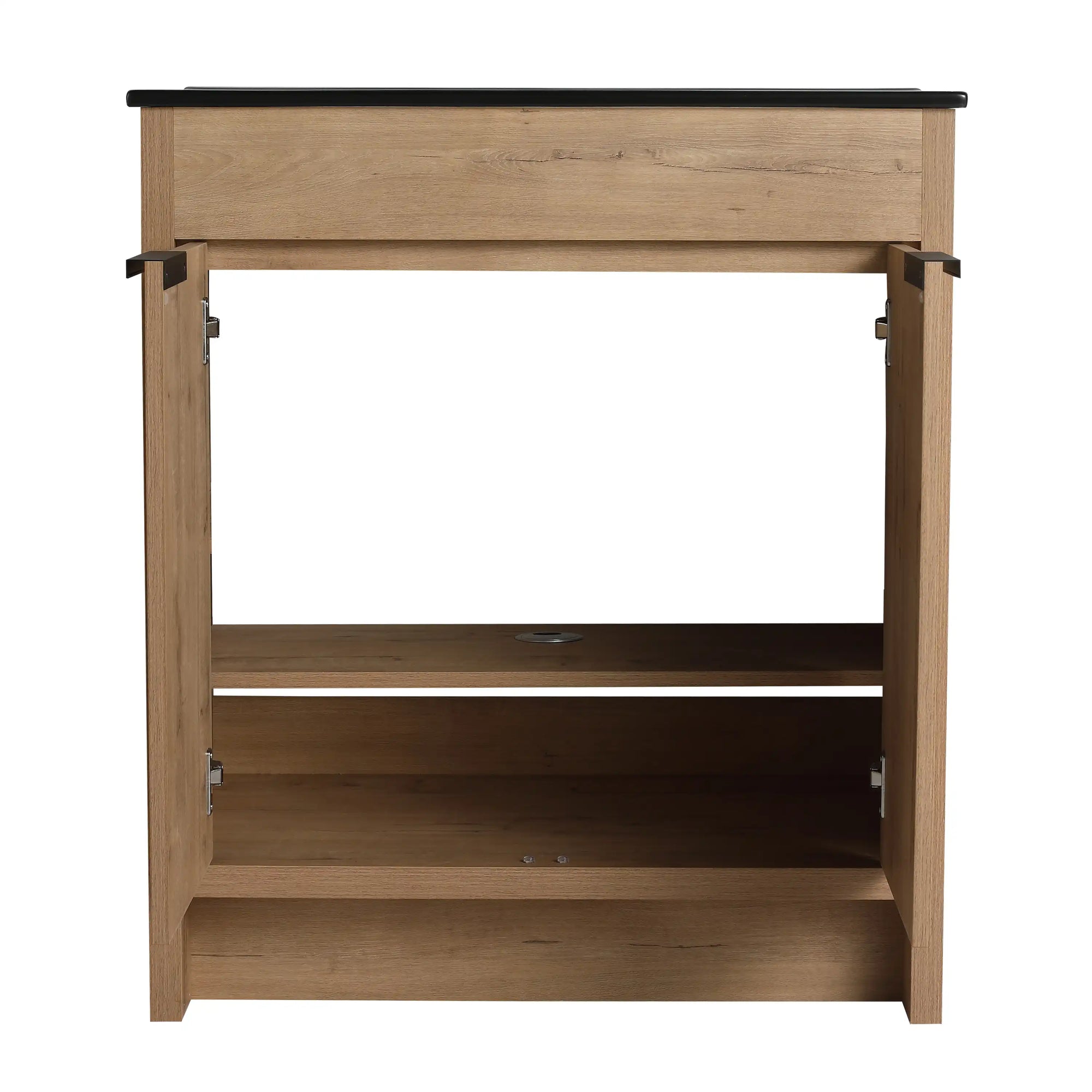 Front view of 30" imitative oak freestanding vanity with black integrated sink, modern style | Ace Decor