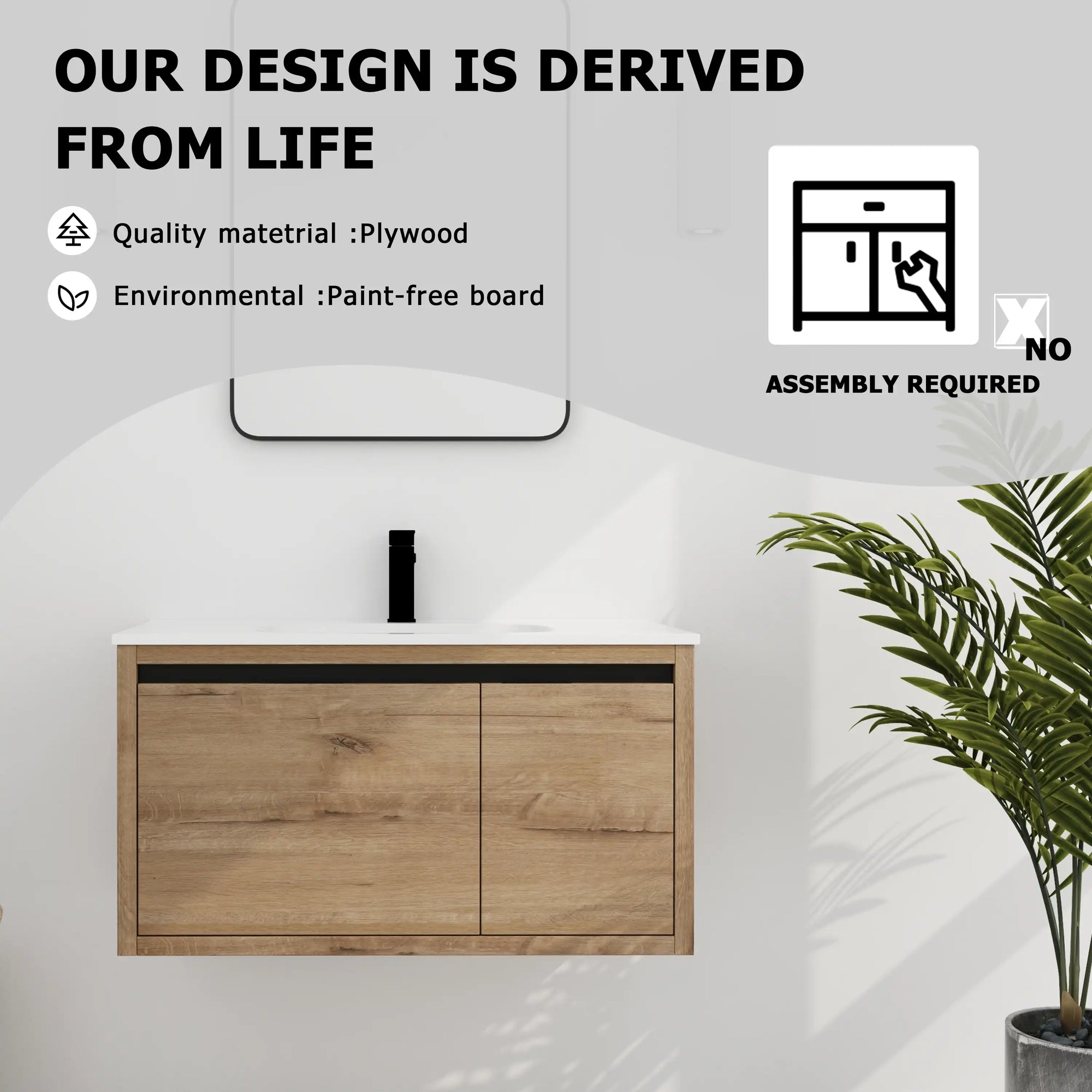 36" floating sink vanity for bathroom made of durable plywood with no assembly required | Ace Decor