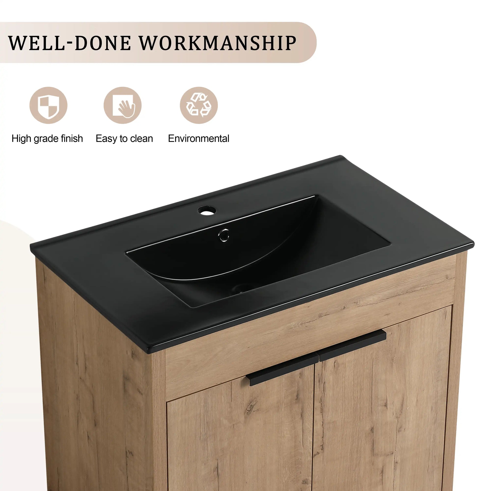 30 inch bathroom vanity with sink, black integrated sink and imitative oak freestanding cabinet, modern design 30" | Ace Decor