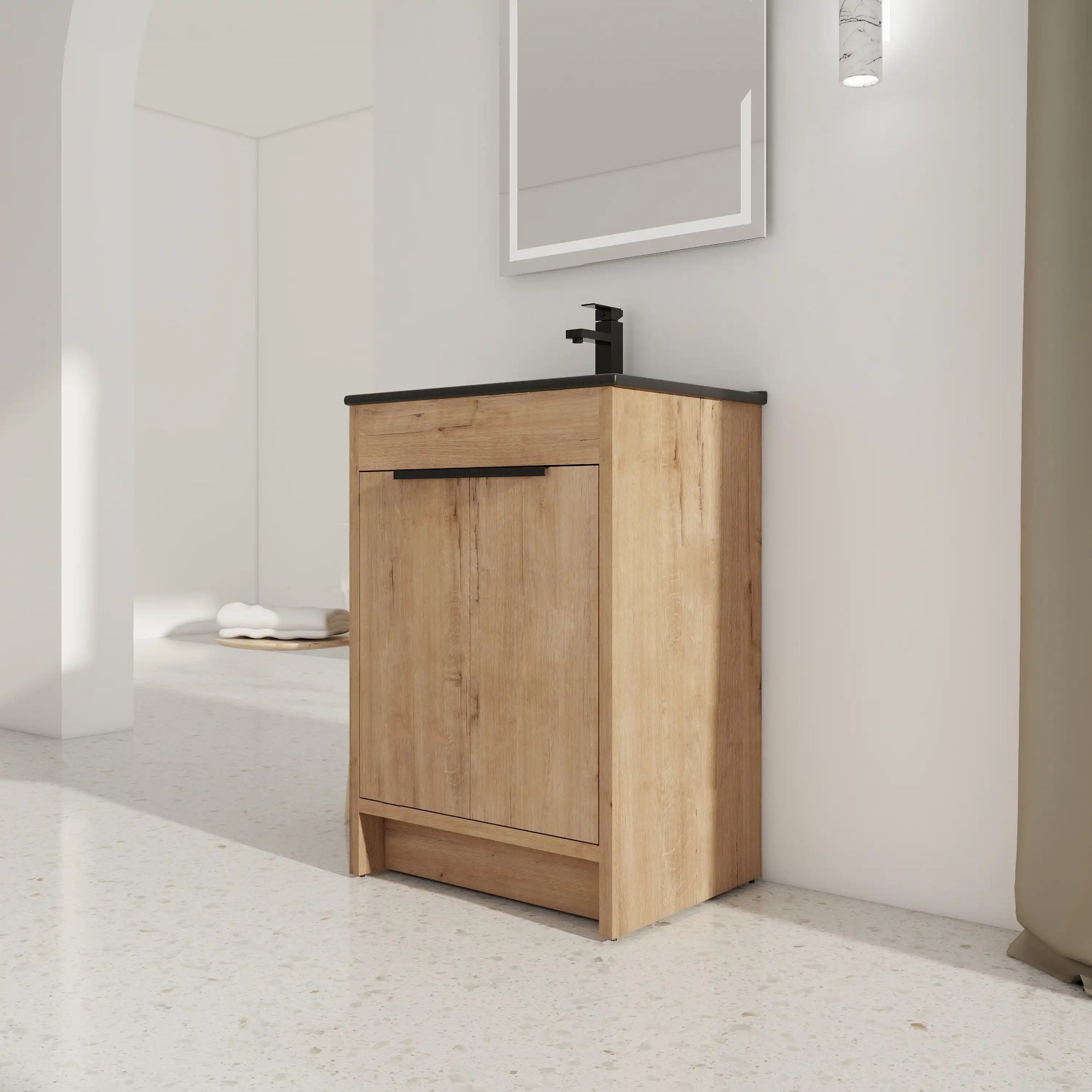 Modern bathroom setting with 24" black bathroom sink vanity in imitative oak finish | Ace Decor