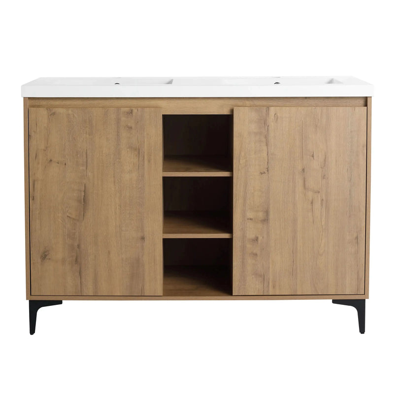 48” Bathroom Vanity with Double Sinks, 2 Shelf Designs – Freestanding or Wall-Mounted