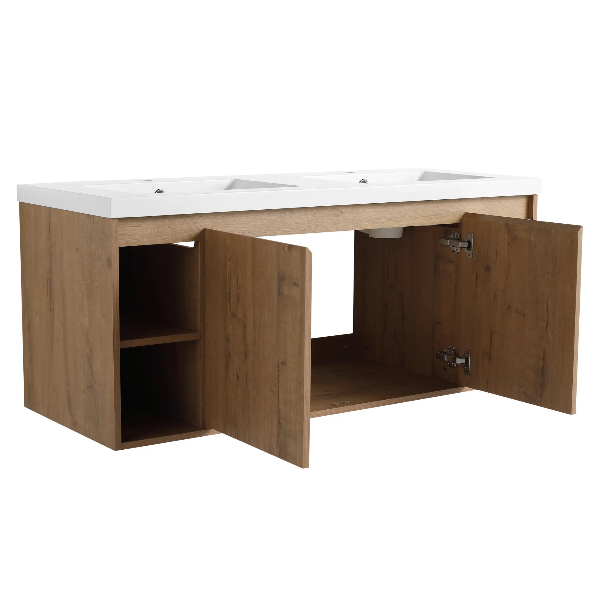 48 inch bathroom vanity wall mounted with doors open, showing interior storage and side shelves | Ace Decor