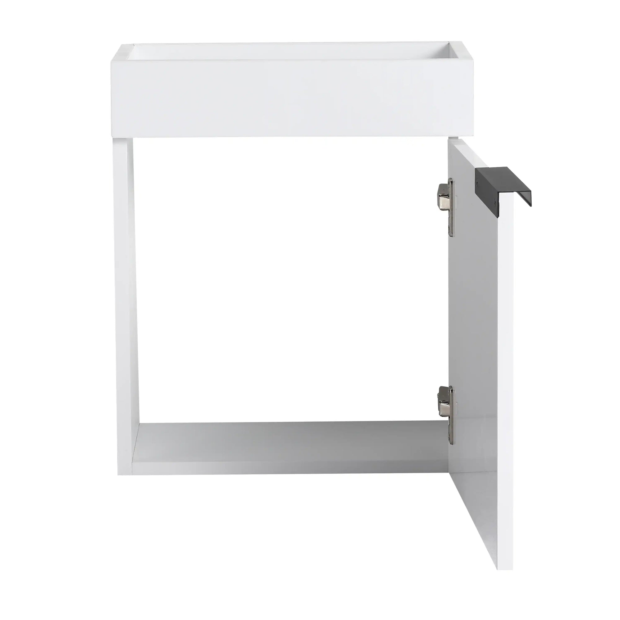 16" white vanity cabinet frame with open door and black handle