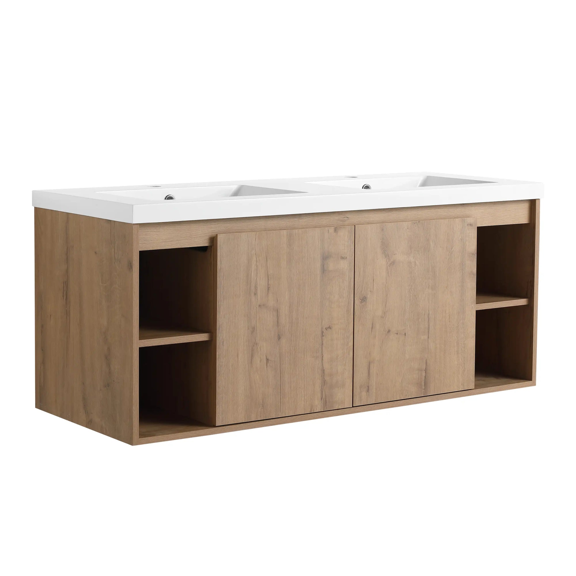 Front view of 48 inch bathroom vanity wall mounted with side open shelves and double doors | Ace Decor