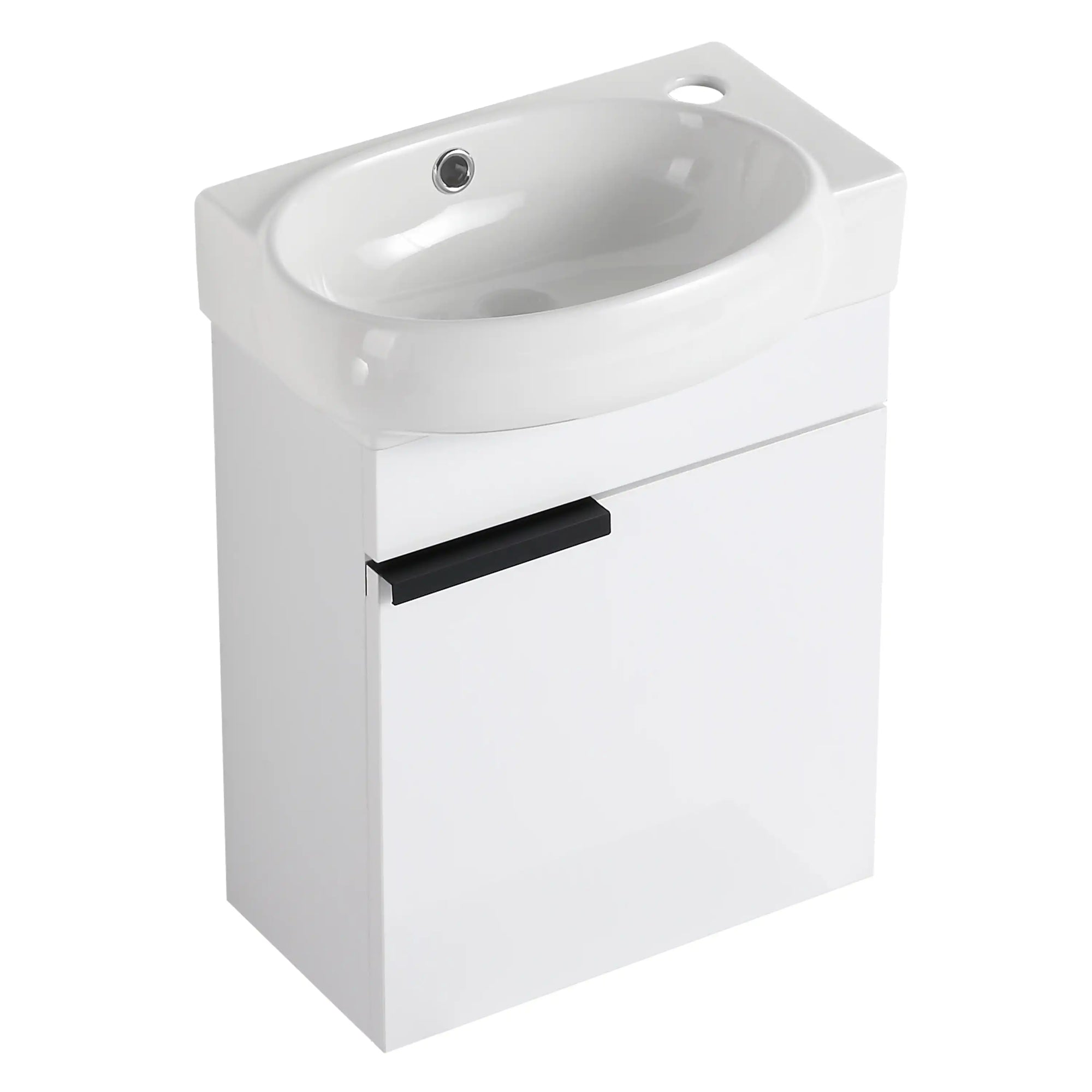 16" white bathroom vanity with ceramic sink and black handle