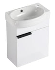 16" white bathroom vanity with ceramic sink and black handle