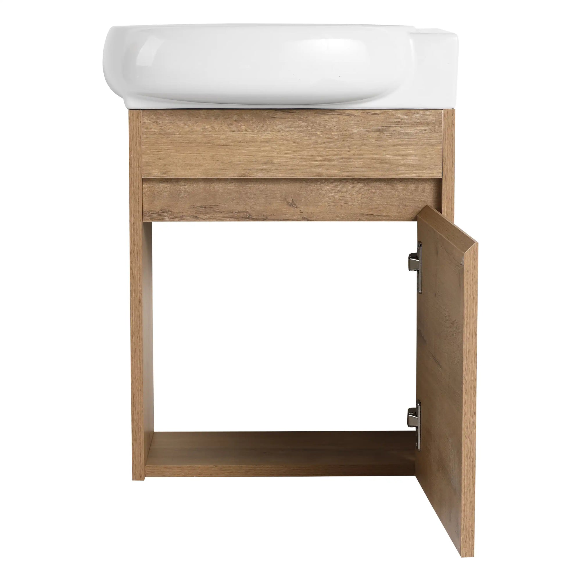 16" single floating bathroom vanity with open door and white ceramic sink