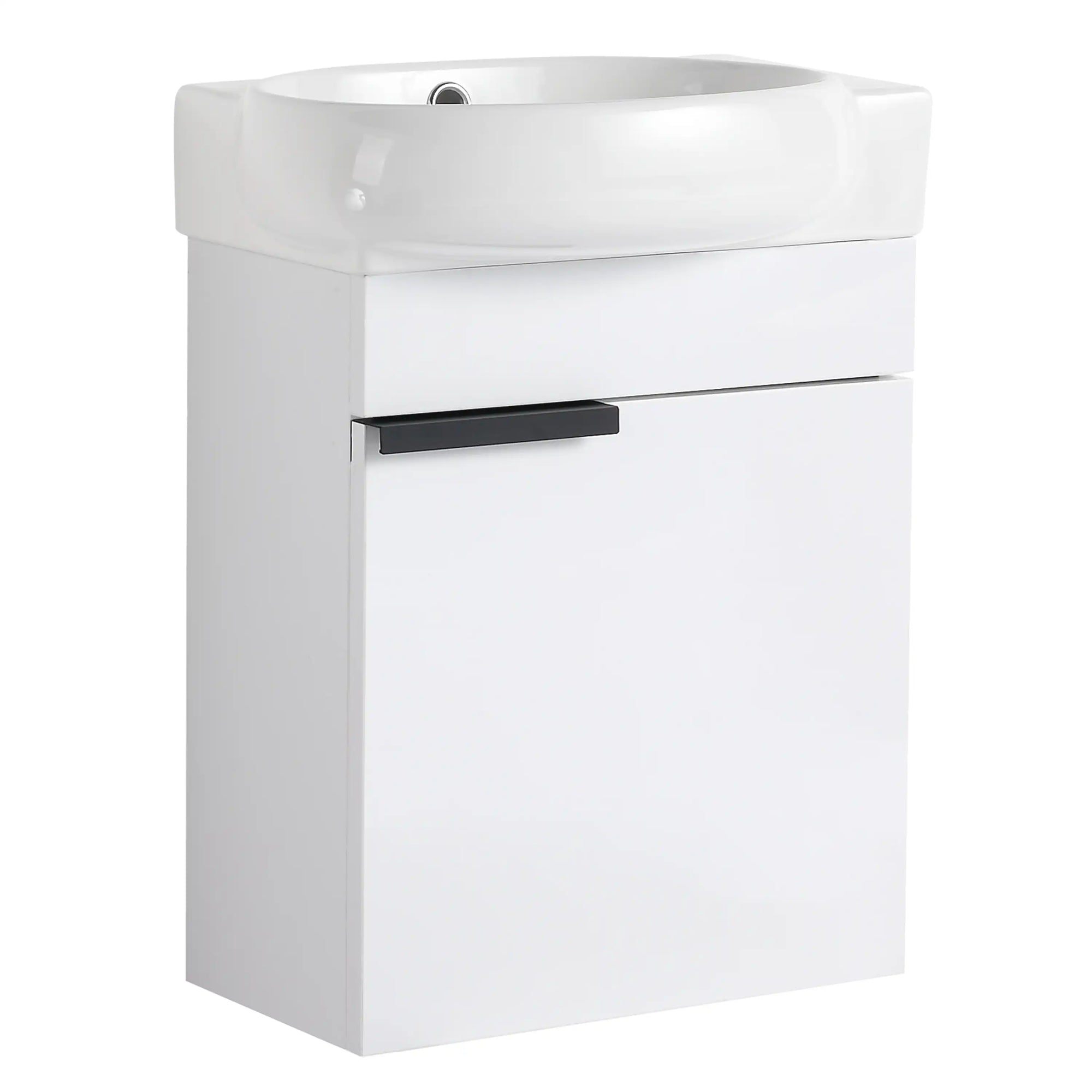 16" compact white vanity with ceramic sink and black handle detail