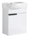 16" compact white vanity with ceramic sink and black handle detail