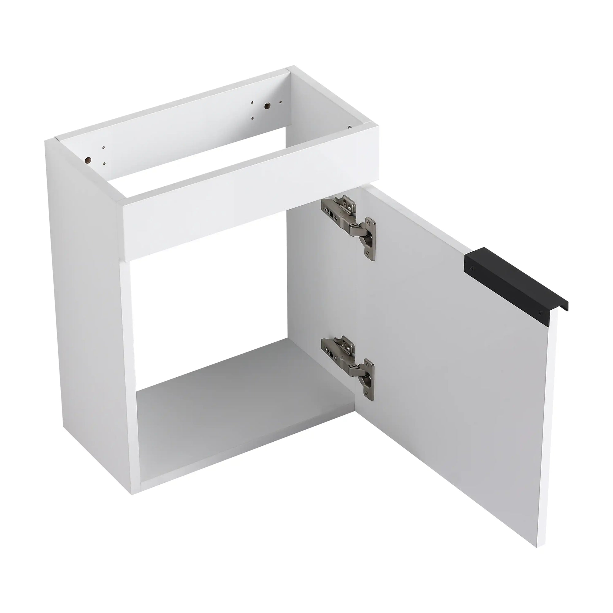 16" white vanity with open door and under-sink storage cabinet