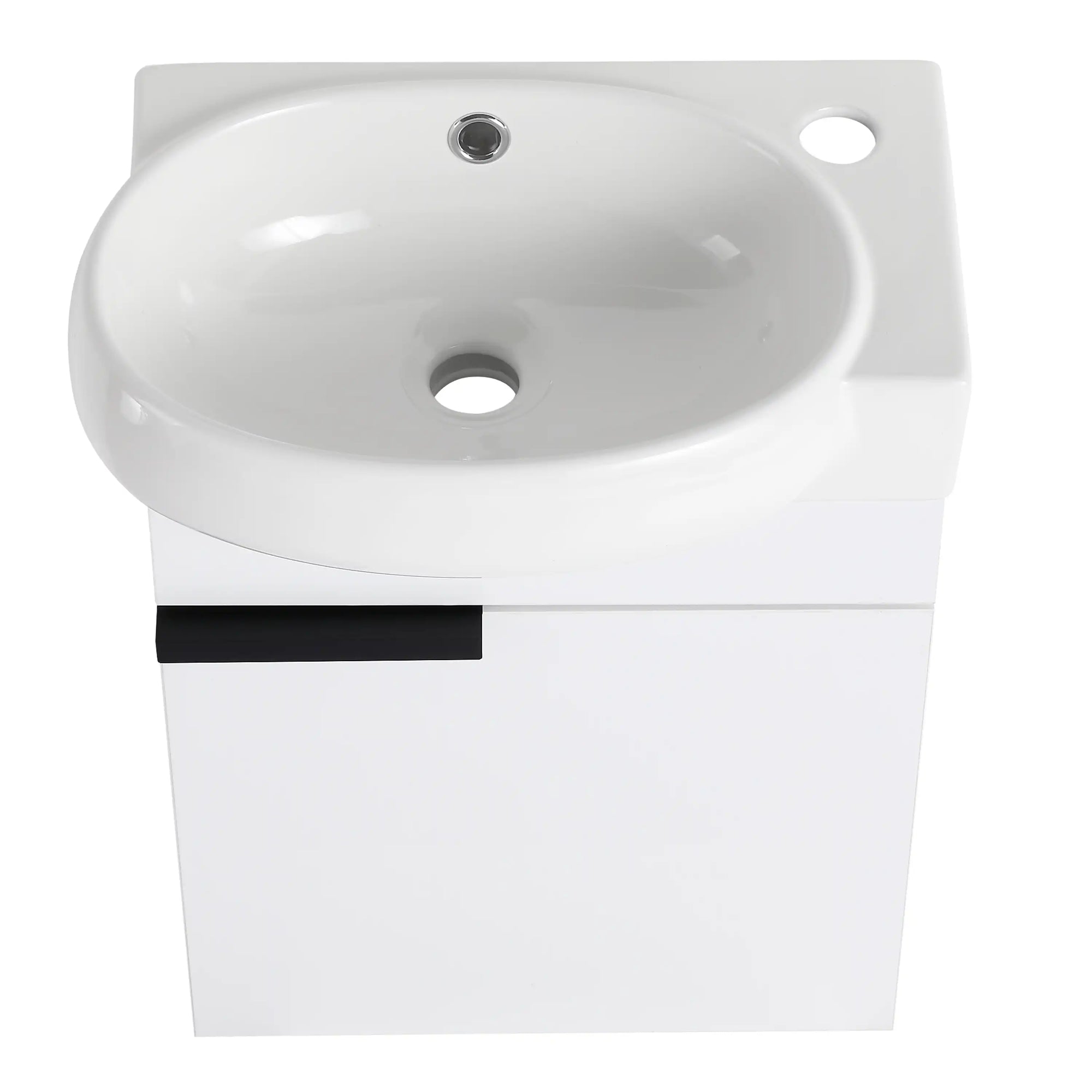 16" white compact vanity with glossy ceramic sink and black handle