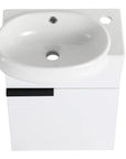 16" white compact vanity with glossy ceramic sink and black handle