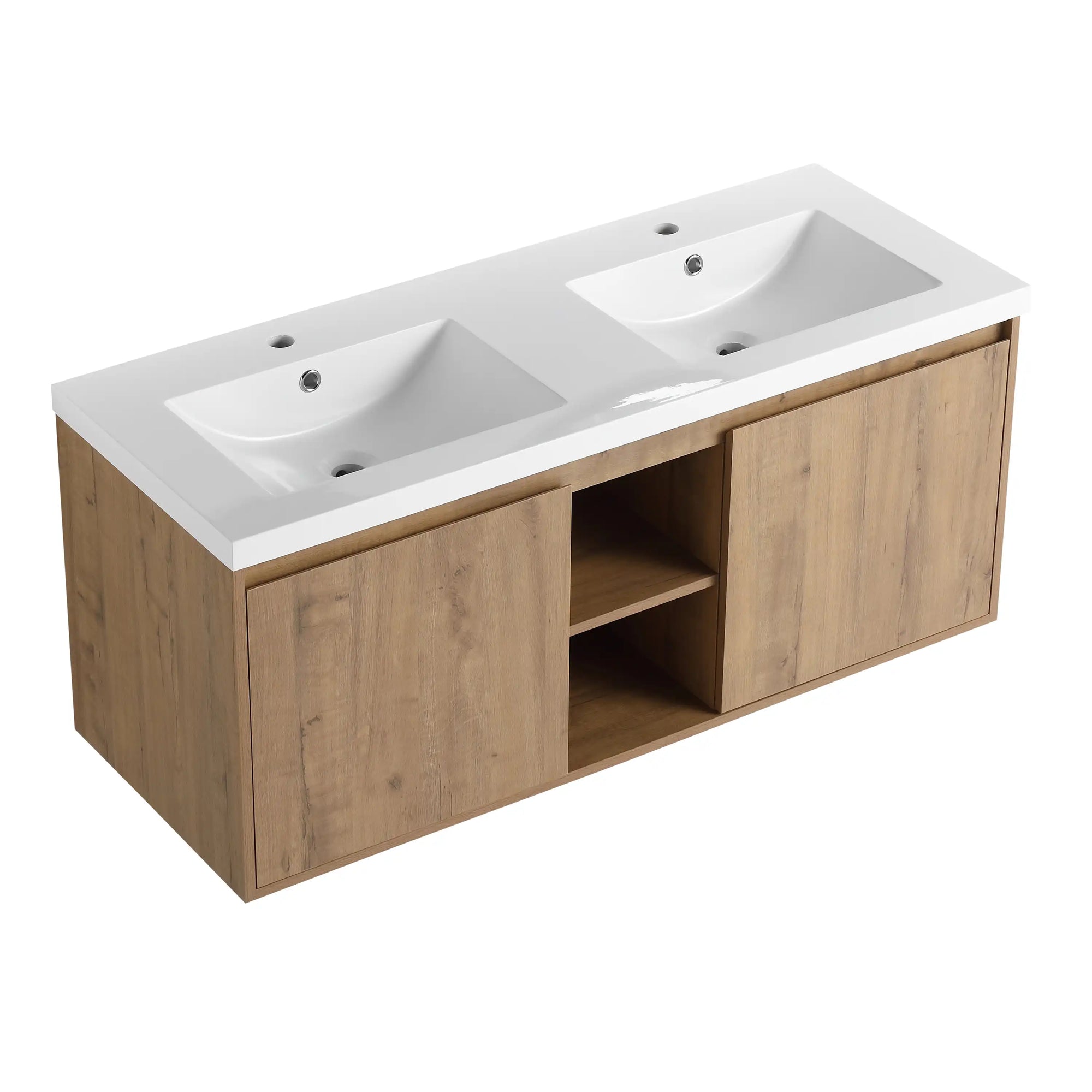 Wall mounted bathroom vanity with sink 48 inch featuring double integrated sinks and center open shelf storage | Ace Decor