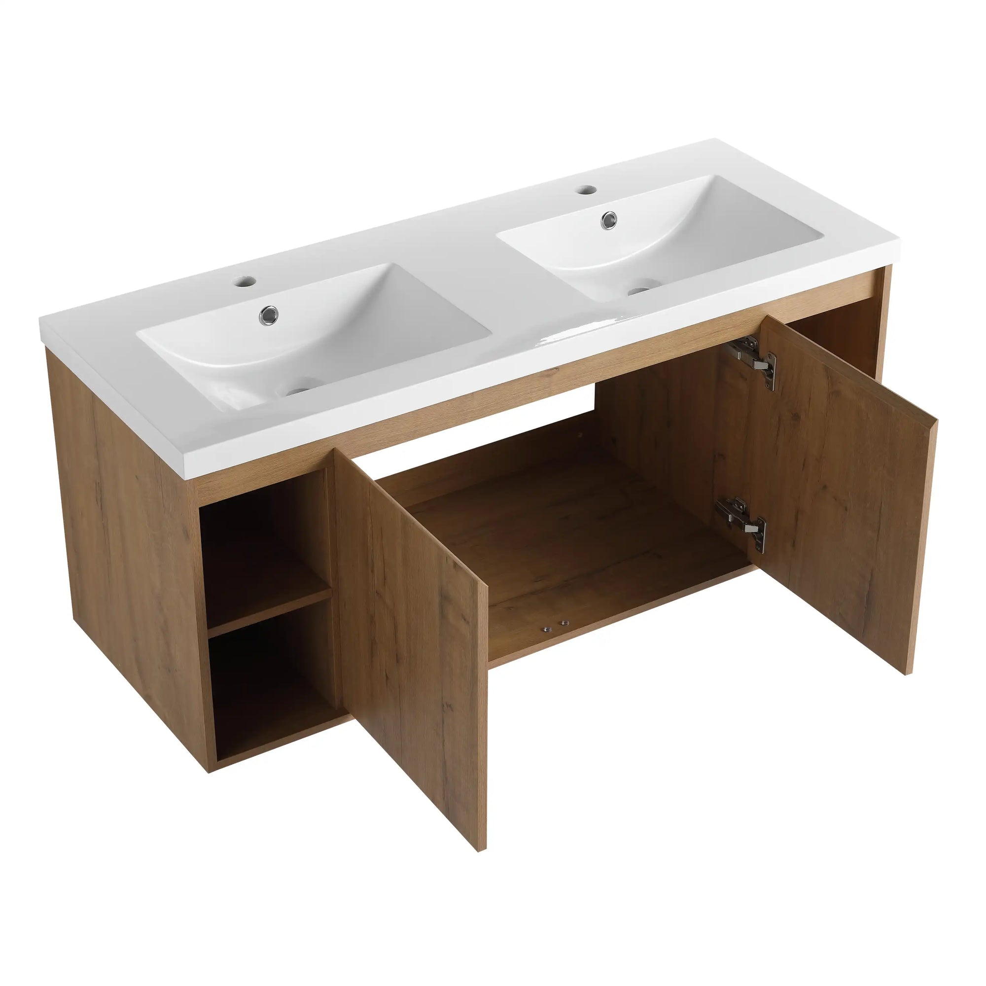 Angled view of 48 inch bathroom vanity wall mounted with integrated double sinks and open storage compartments | Ace Decor