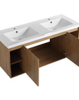 Angled view of 48 inch bathroom vanity wall mounted with integrated double sinks and open storage compartments | Ace Decor