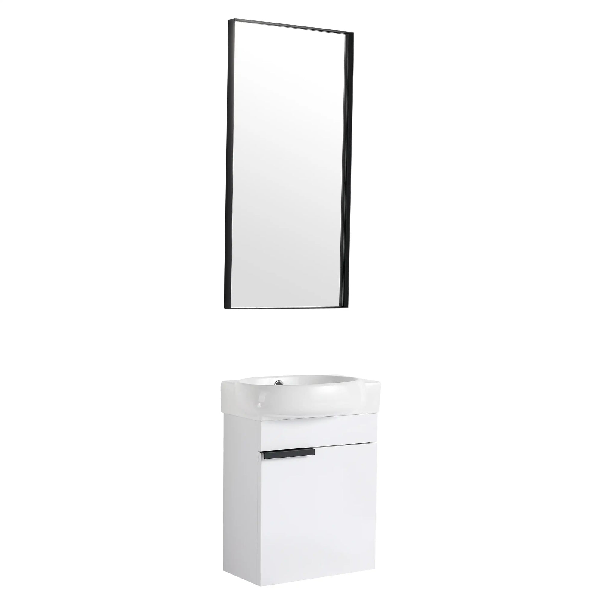 16" white vanity set with matching black-framed mirror