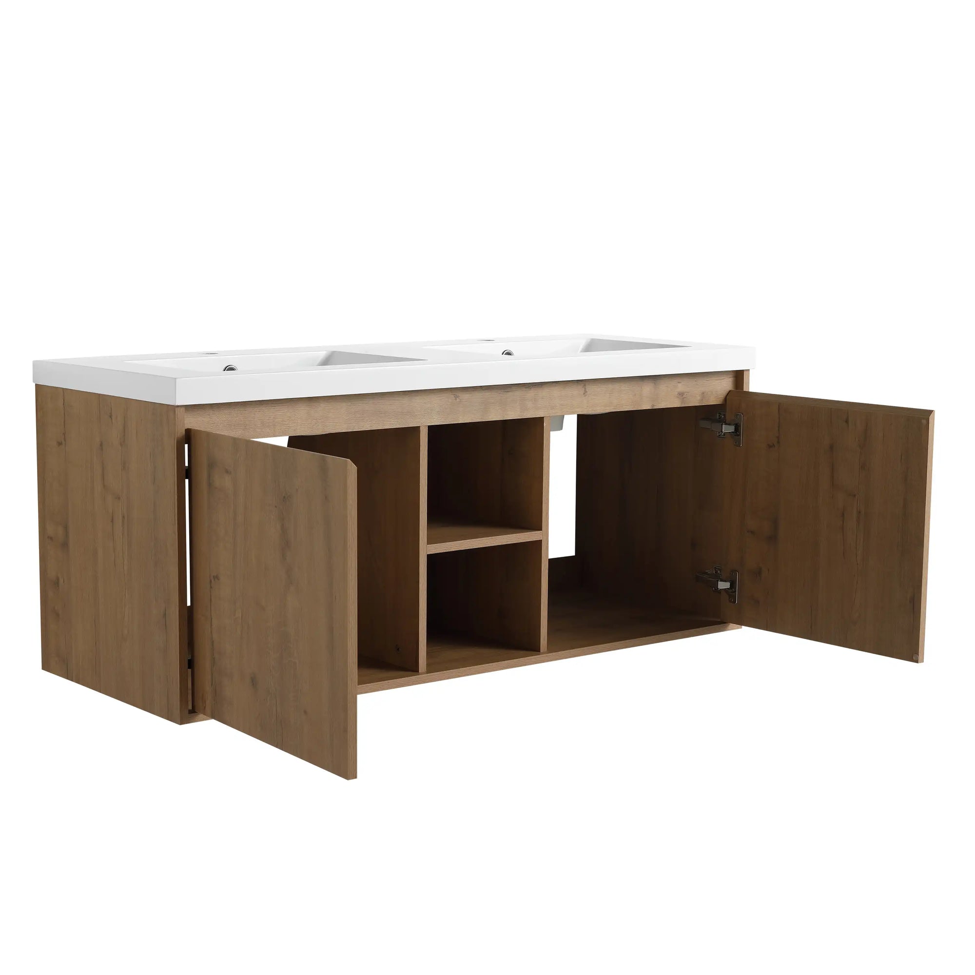 48 inch wall mounted bathroom vanity with sink featuring dual integrated sinks and open center storage, doors open view | Ace Decor