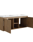 48 inch wall mounted bathroom vanity with sink featuring dual integrated sinks and open center storage, doors open view | Ace Decor