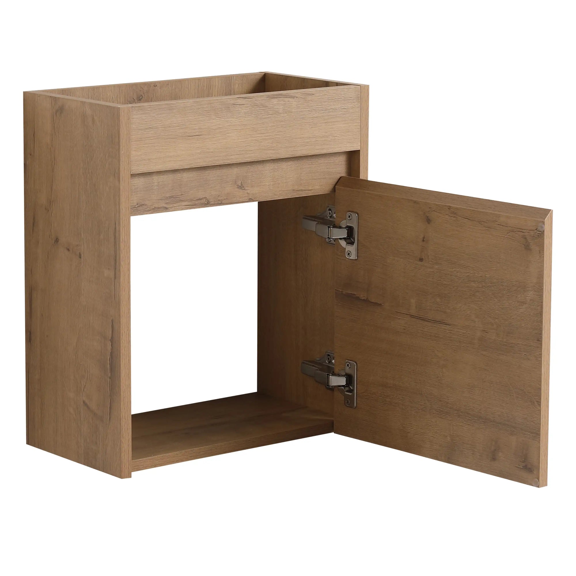 16" single floating bathroom vanity cabinet with exposed hinges and wood finish