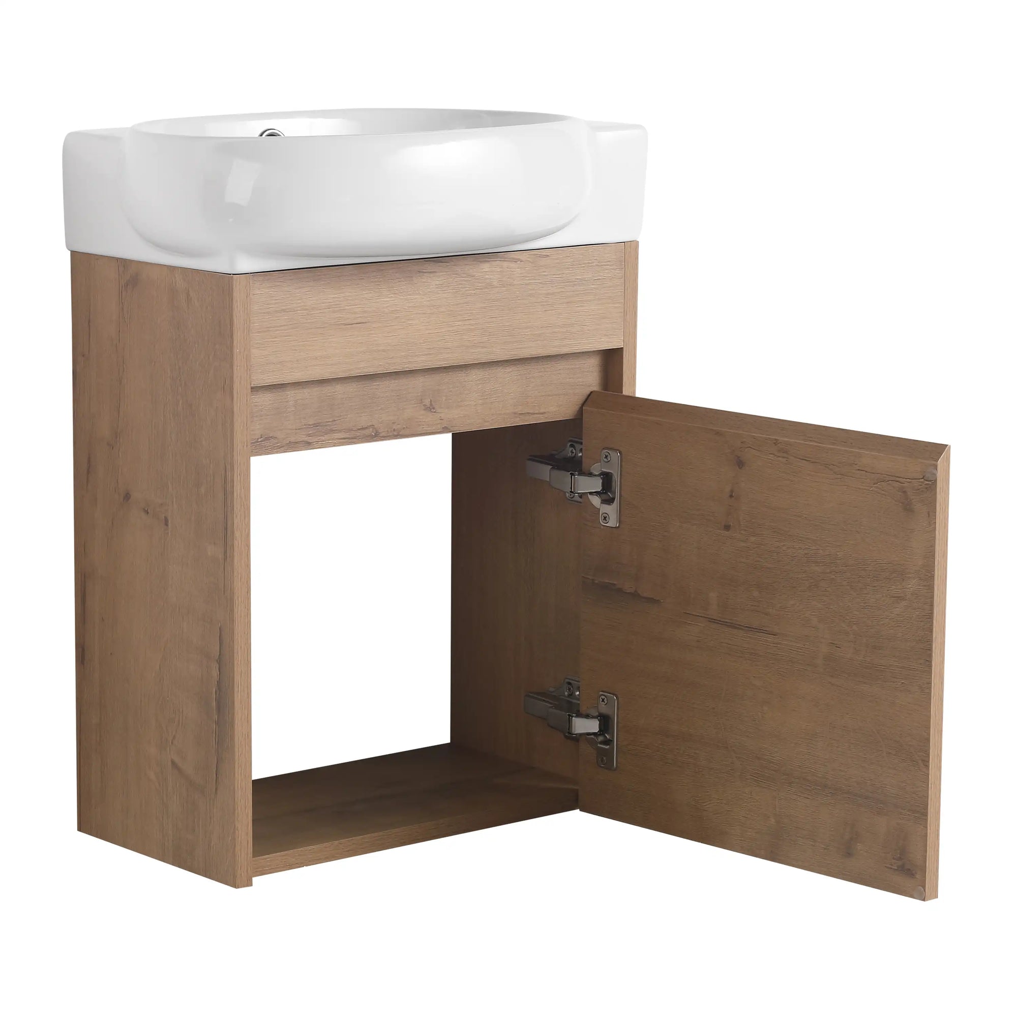 16" single floating bathroom vanity with wood cabinet and open storage door