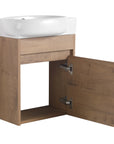 16" single floating bathroom vanity with wood cabinet and open storage door