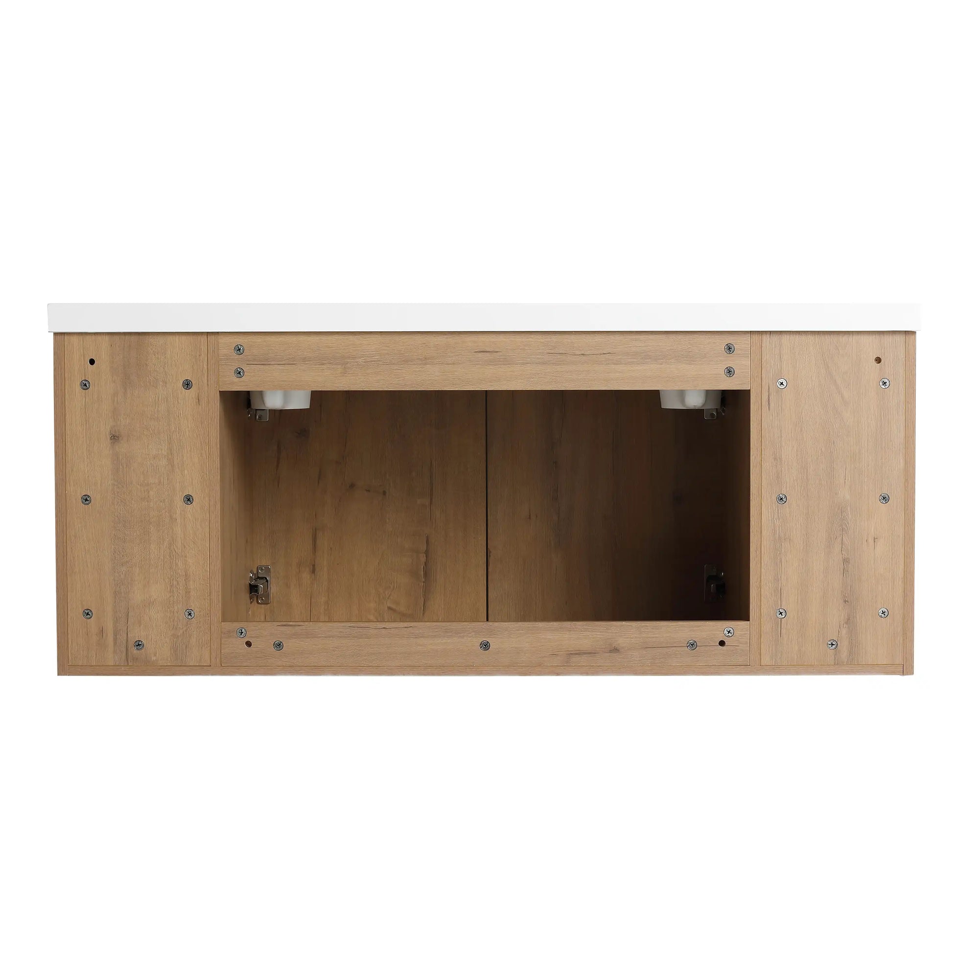 Rear view of 48 inch bathroom vanity wall mounted showing mounting points and cabinet construction | Ace Decor