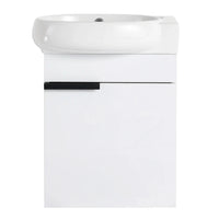16" white compact vanity with ceramic sink and black handle