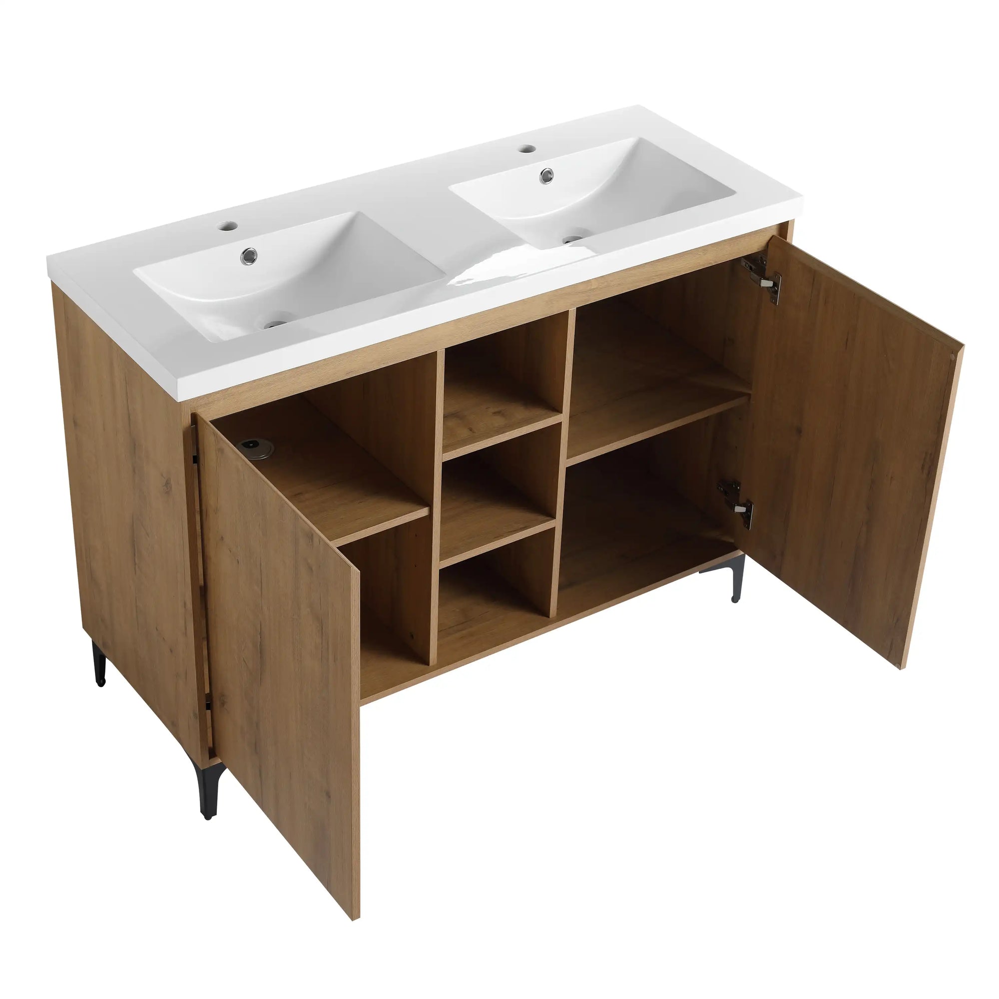 Interior storage layout of a 48 inch vanity for bathroom with adjustable shelves and spacious compartments for organization | Ace Decor
