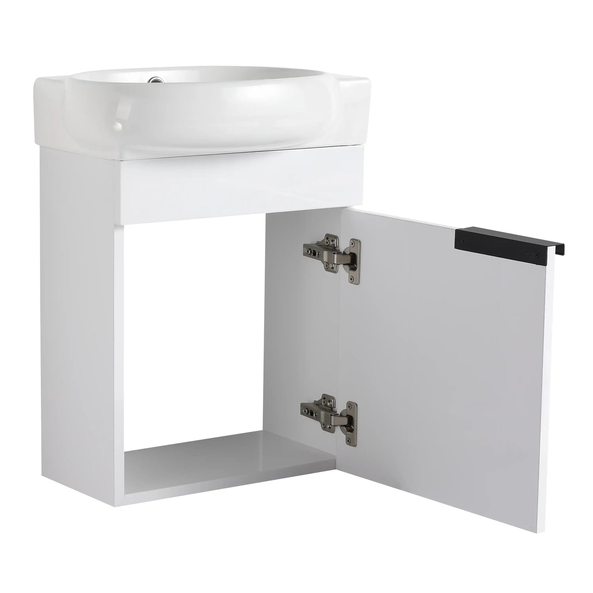 16" white compact vanity with open door and under-sink storage