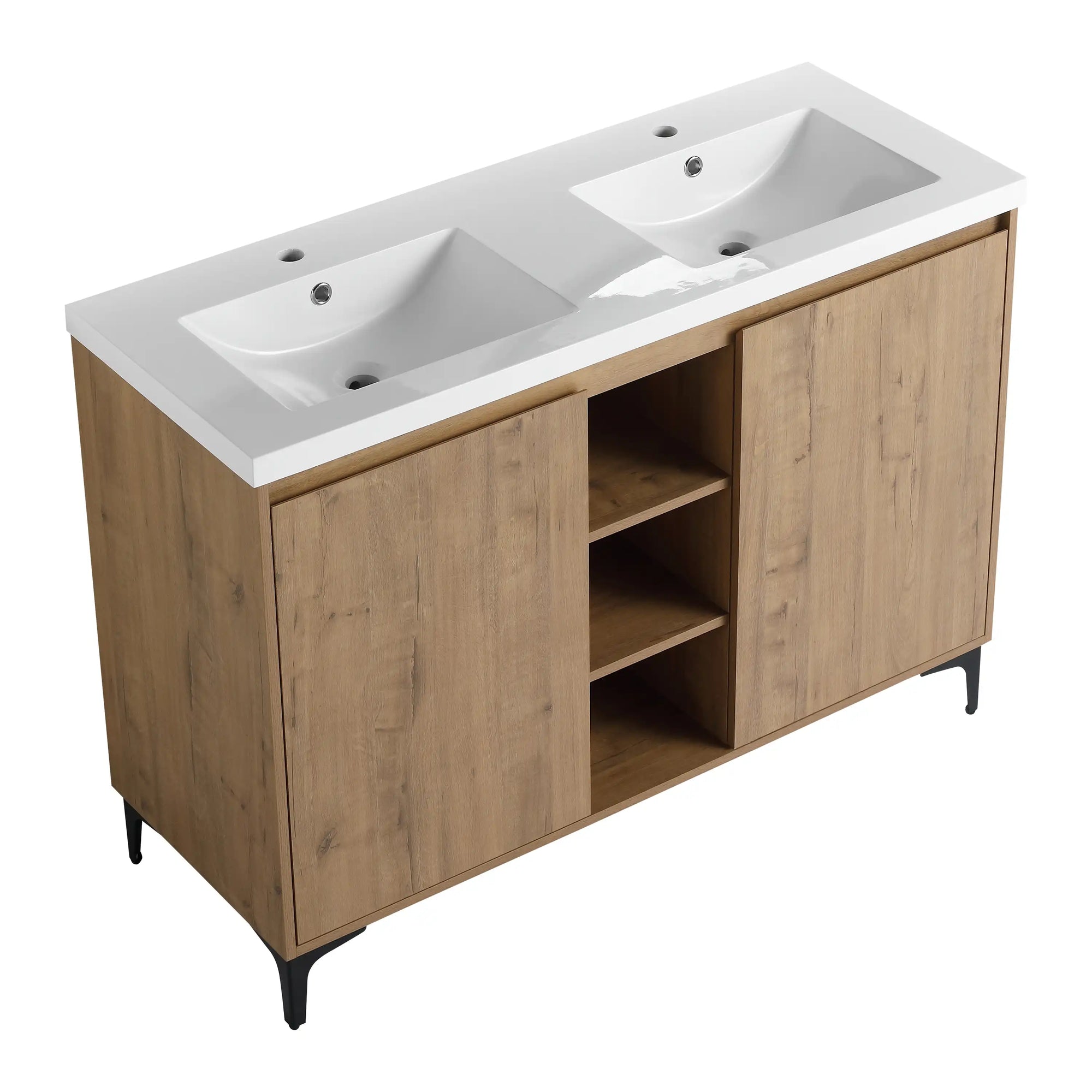 48 inch vanity for bathroom with double integrated sinks and center open storage, freestanding design in natural wood finish | Ace Decor